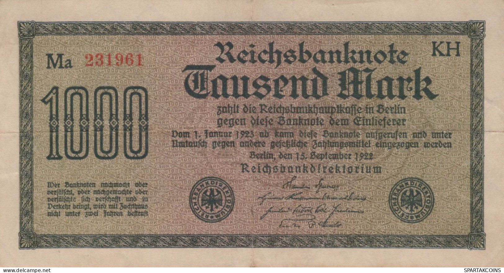 1000 MARK 1922 Stadt BERLIN DEUTSCHLAND Papiergeld Banknote #PL449 - Lokale Ausgaben