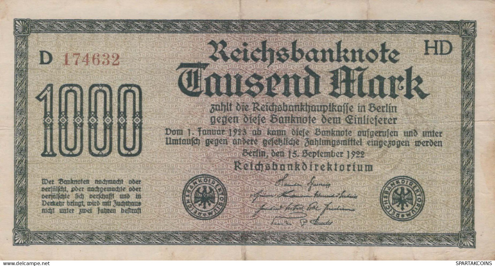 1000 MARK 1922 Stadt BERLIN DEUTSCHLAND Papiergeld Banknote #PL433 - [11] Emissioni Locali