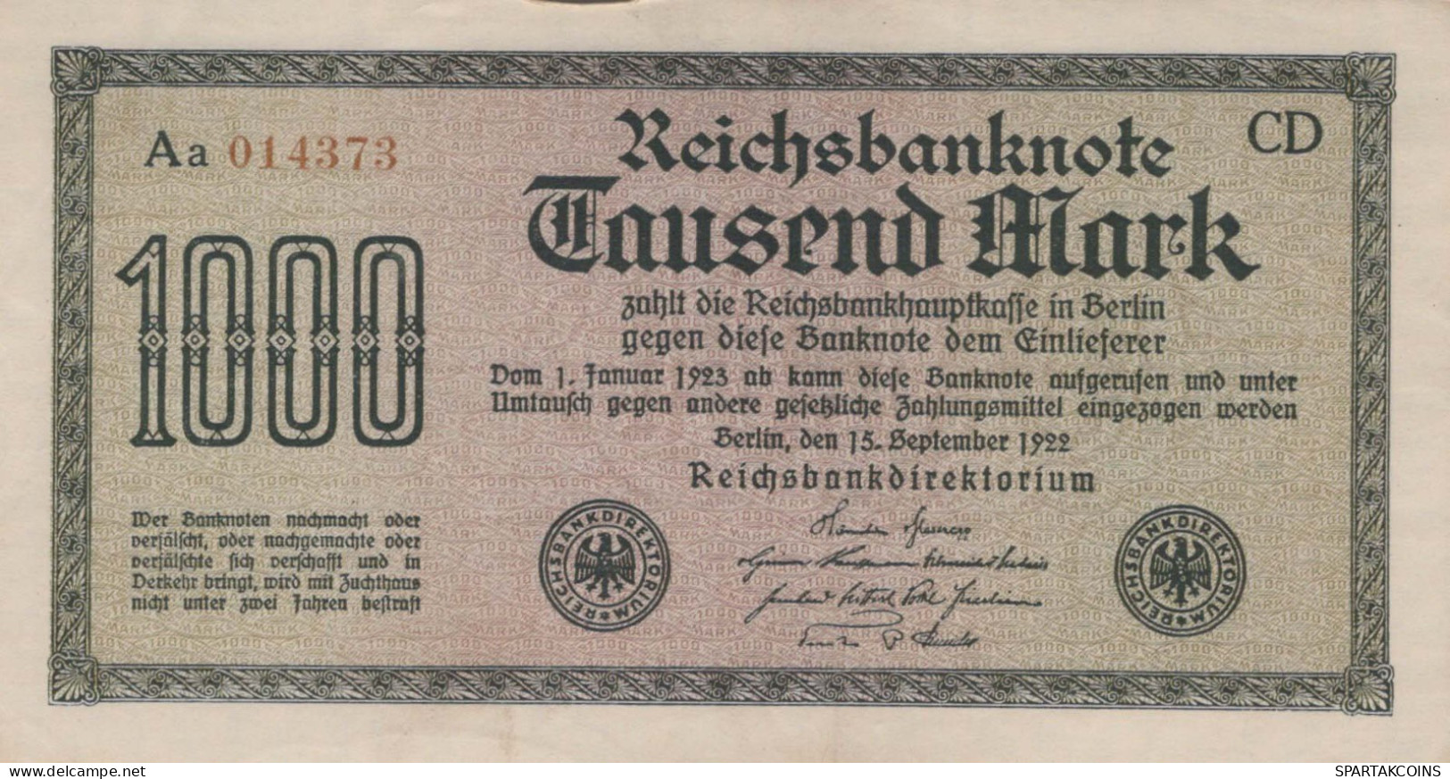 1000 MARK 1922 Stadt BERLIN DEUTSCHLAND Papiergeld Banknote #PL420 - Lokale Ausgaben