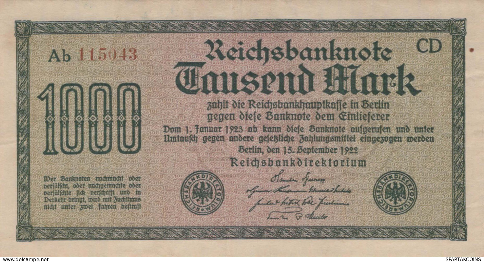 1000 MARK 1922 Stadt BERLIN DEUTSCHLAND Papiergeld Banknote #PL417 - [11] Local Banknote Issues