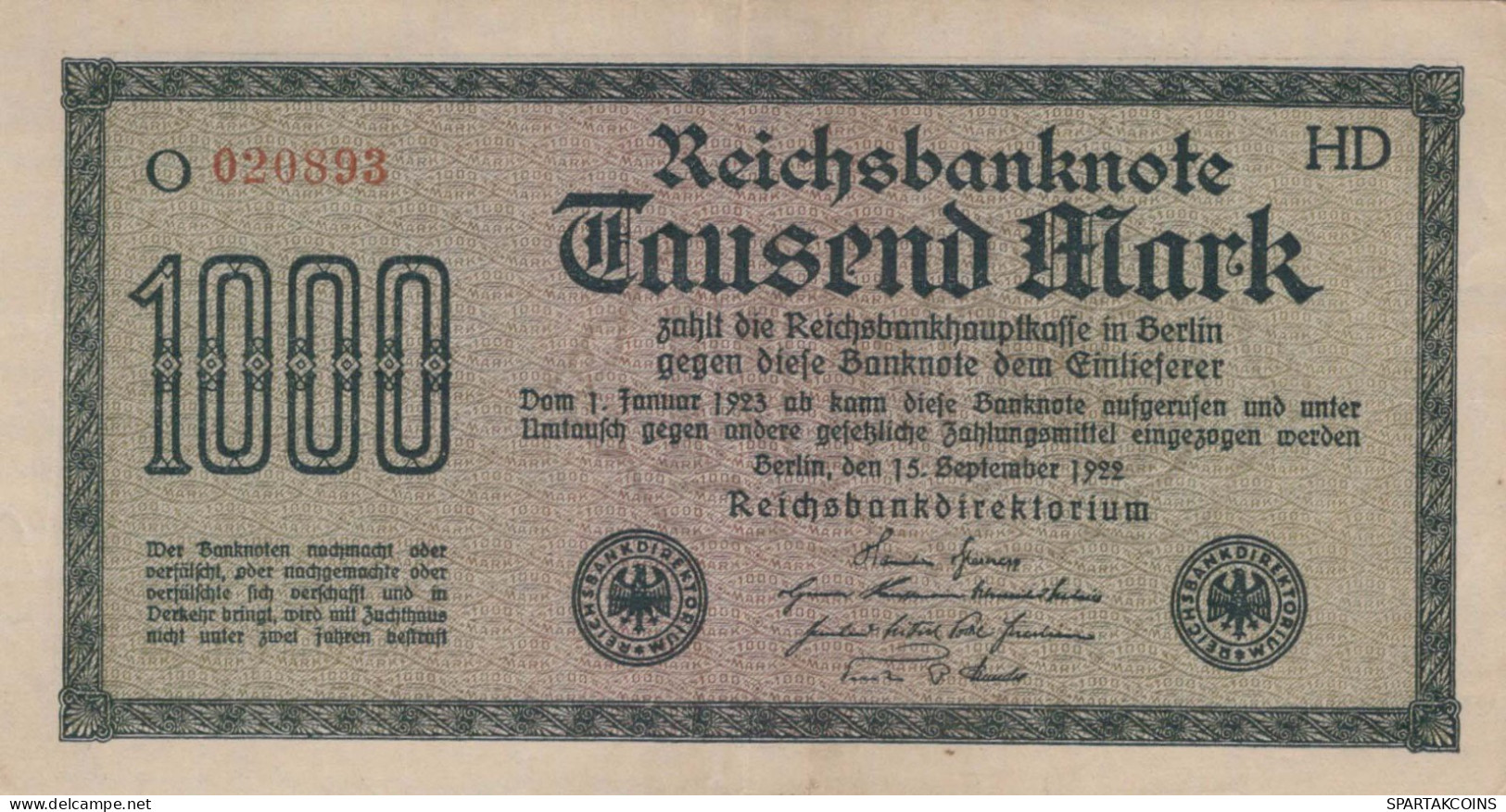 1000 MARK 1922 Stadt BERLIN DEUTSCHLAND Papiergeld Banknote #PL398 - Lokale Ausgaben