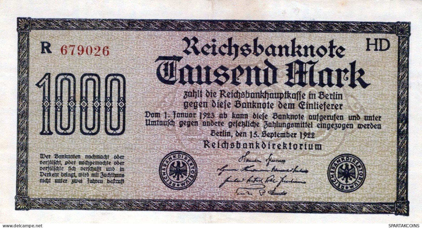1000 MARK 1922 Stadt BERLIN DEUTSCHLAND Papiergeld Banknote #PL383 - Lokale Ausgaben
