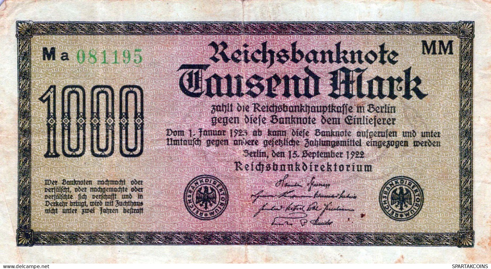 1000 MARK 1922 Stadt BERLIN DEUTSCHLAND Papiergeld Banknote #PL034 - Lokale Ausgaben