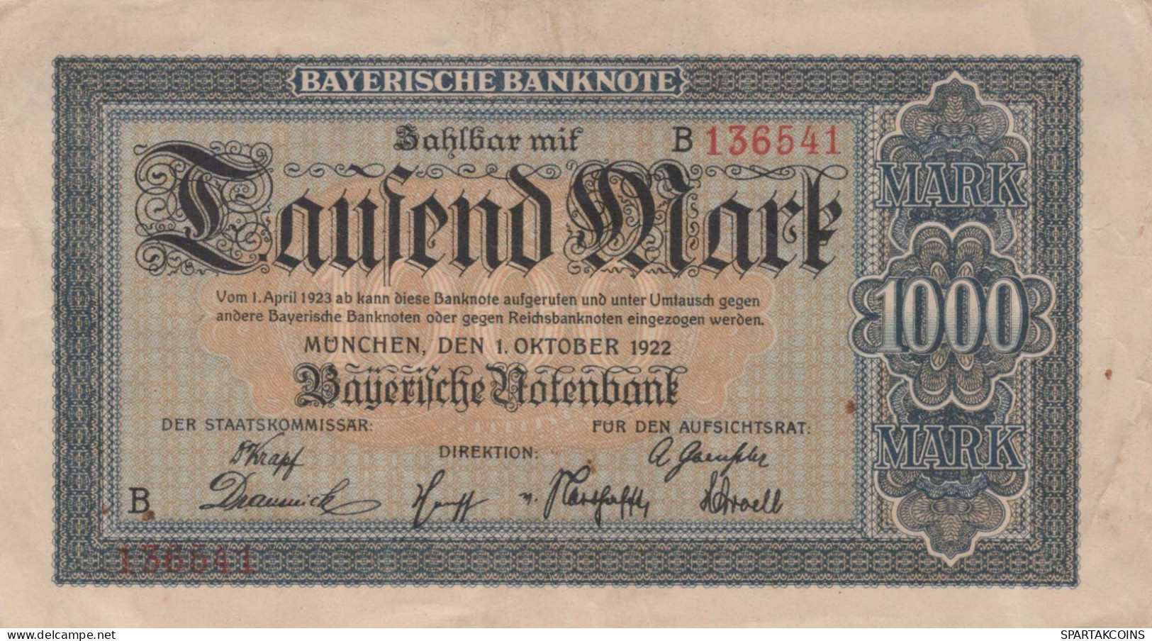 1000 MARK 1922 Stadt BAVARIA Bavaria DEUTSCHLAND Notgeld Papiergeld Banknote #PK817 - Lokale Ausgaben