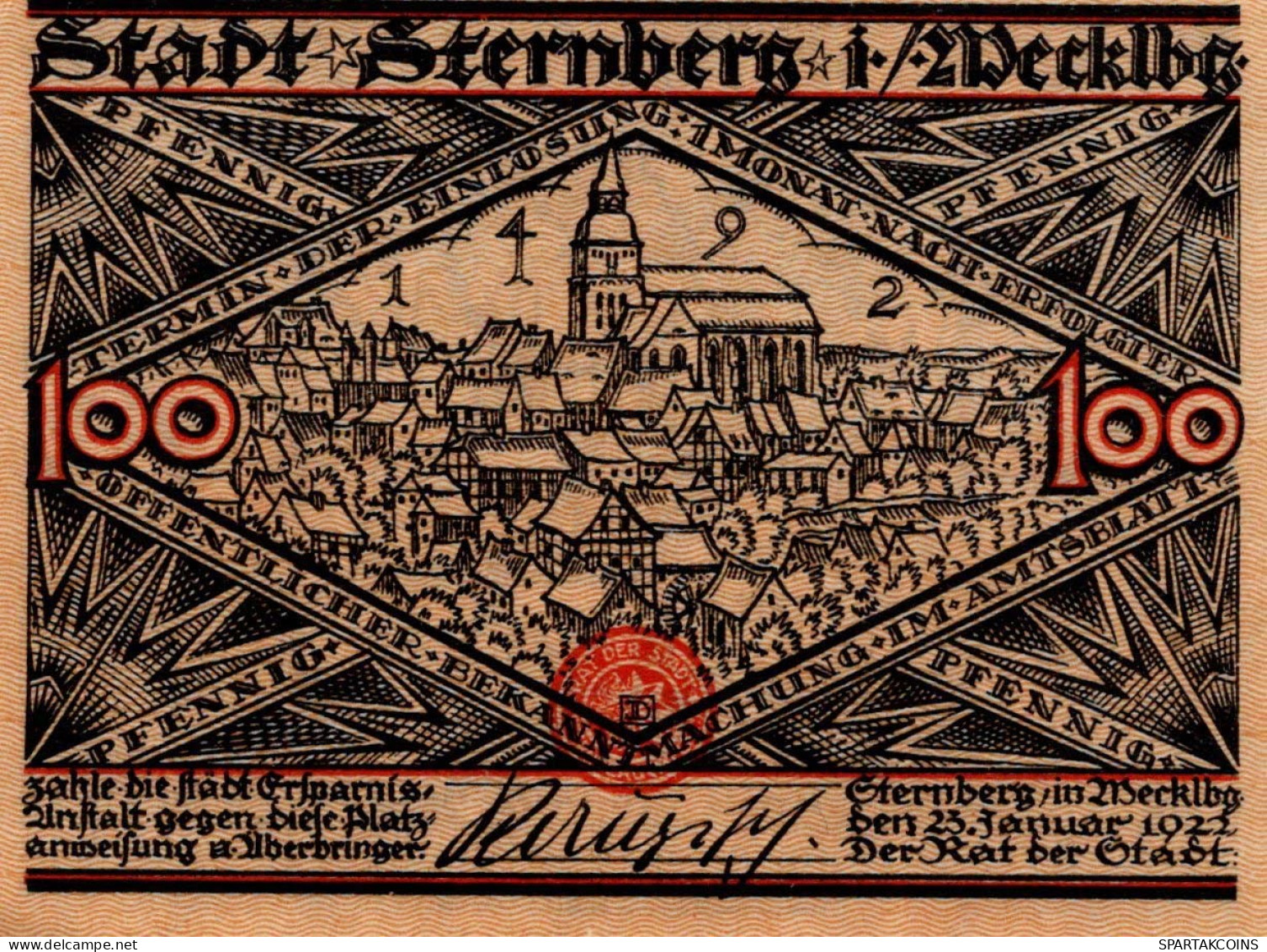 100 PFENNIG 1922 Stadt STERNBERG Mecklenburg-Schwerin UNC DEUTSCHLAND #PJ011 - [11] Local Banknote Issues