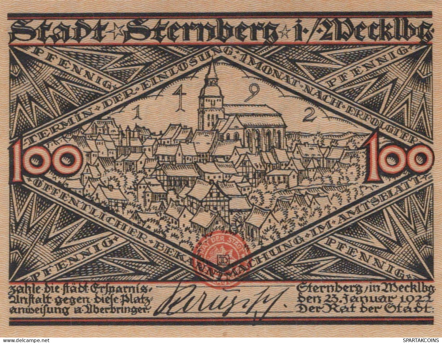 100 PFENNIG 1922 Stadt STERNBERG Mecklenburg-Schwerin UNC DEUTSCHLAND #PJ012 - [11] Local Banknote Issues