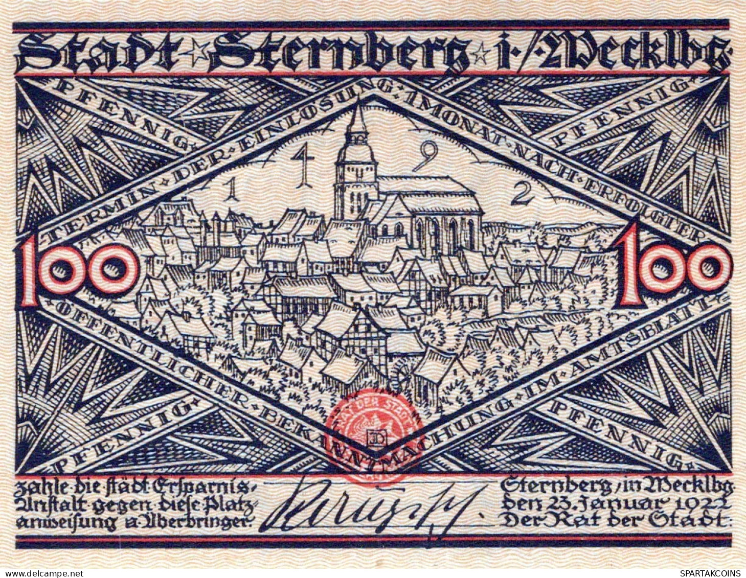 100 PFENNIG 1922 Stadt STERNBERG Mecklenburg-Schwerin UNC DEUTSCHLAND #PJ012 - [11] Local Banknote Issues