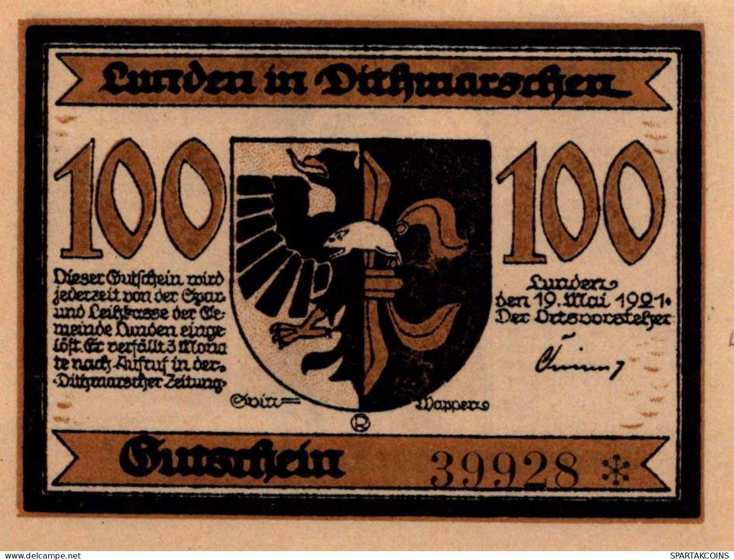100 PFENNIG 1921 Stadt LUNDEN Schleswig-Holstein UNC DEUTSCHLAND Notgeld #PC657 - [11] Local Banknote Issues