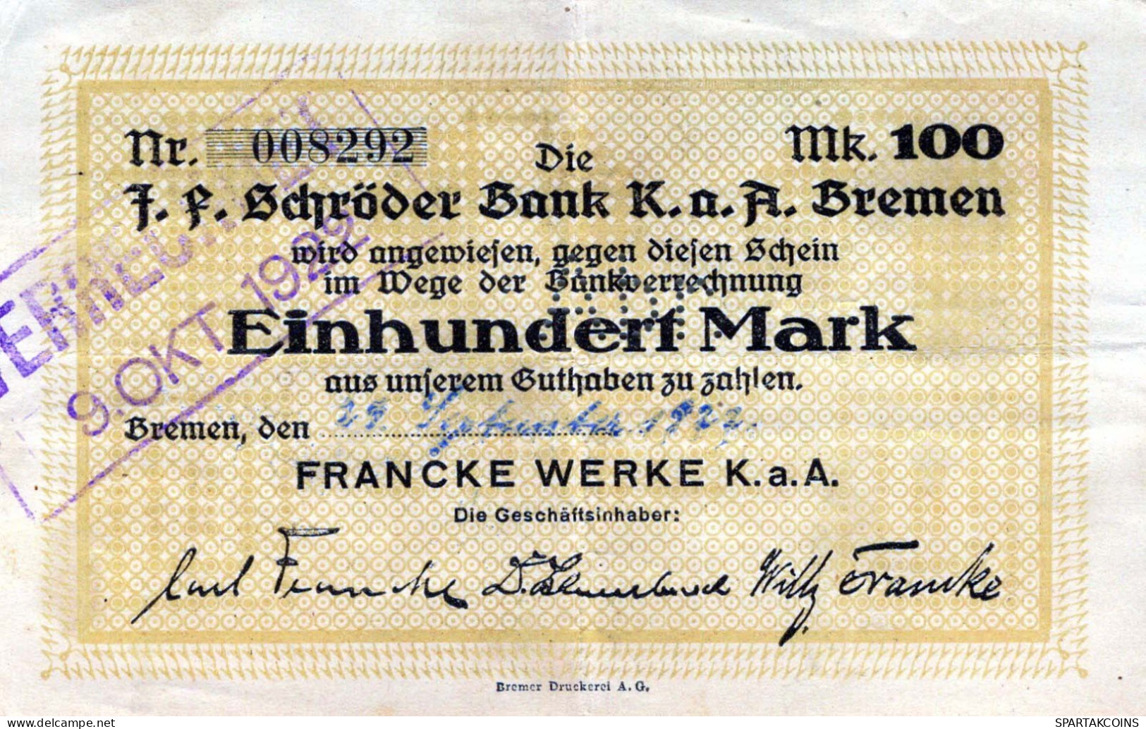 100 MARK 1923 Stadt BREMEN Bremen DEUTSCHLAND Notgeld Papiergeld Banknote #PK952 - [11] Local Banknote Issues