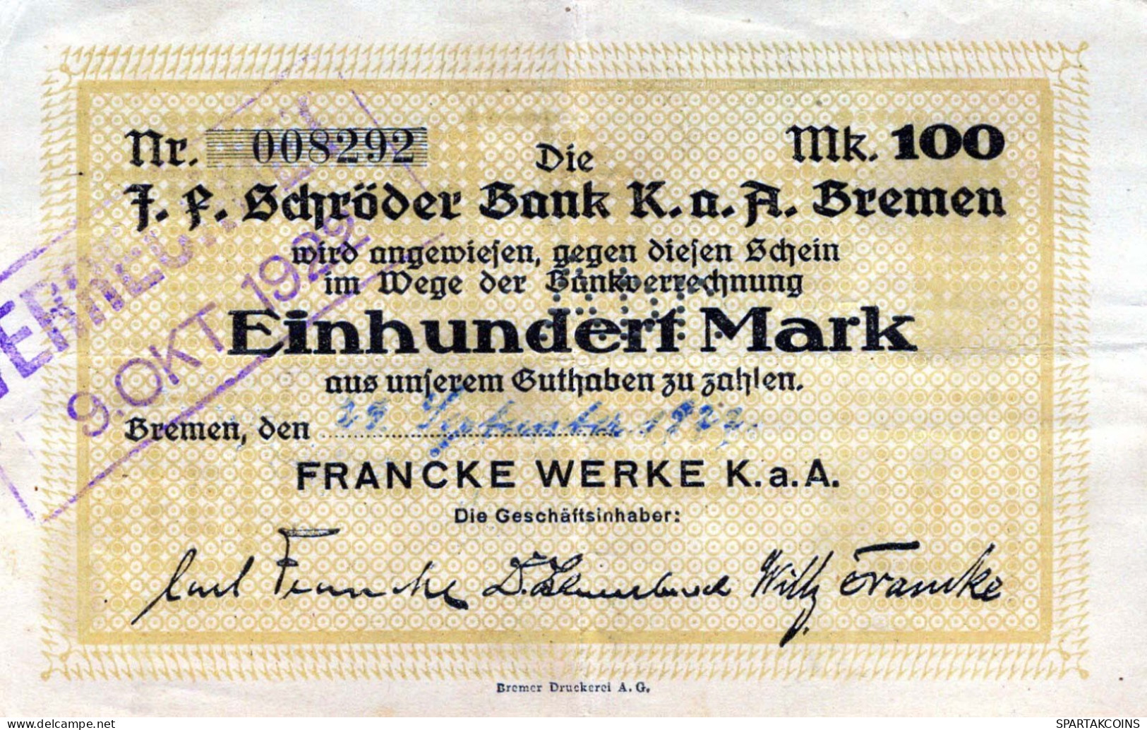 100 MARK 1923 Stadt BREMEN Bremen DEUTSCHLAND Notgeld Papiergeld Banknote #PK952 - [11] Lokale Uitgaven