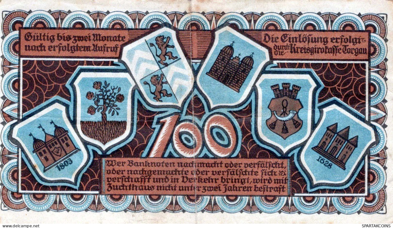 100 MARK 1922 Stadt TORGAU Saxony DEUTSCHLAND Notgeld Papiergeld Banknote #PK953 - [11] Local Banknote Issues