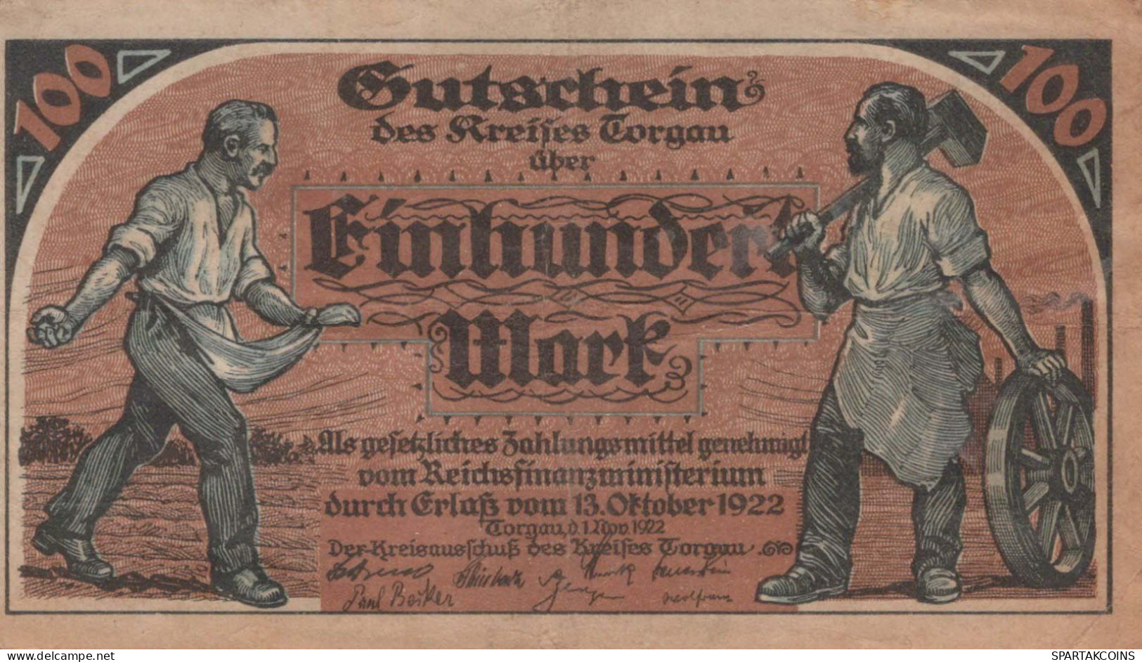 100 MARK 1922 Stadt TORGAU Saxony DEUTSCHLAND Notgeld Papiergeld Banknote #PK916 - [11] Local Banknote Issues