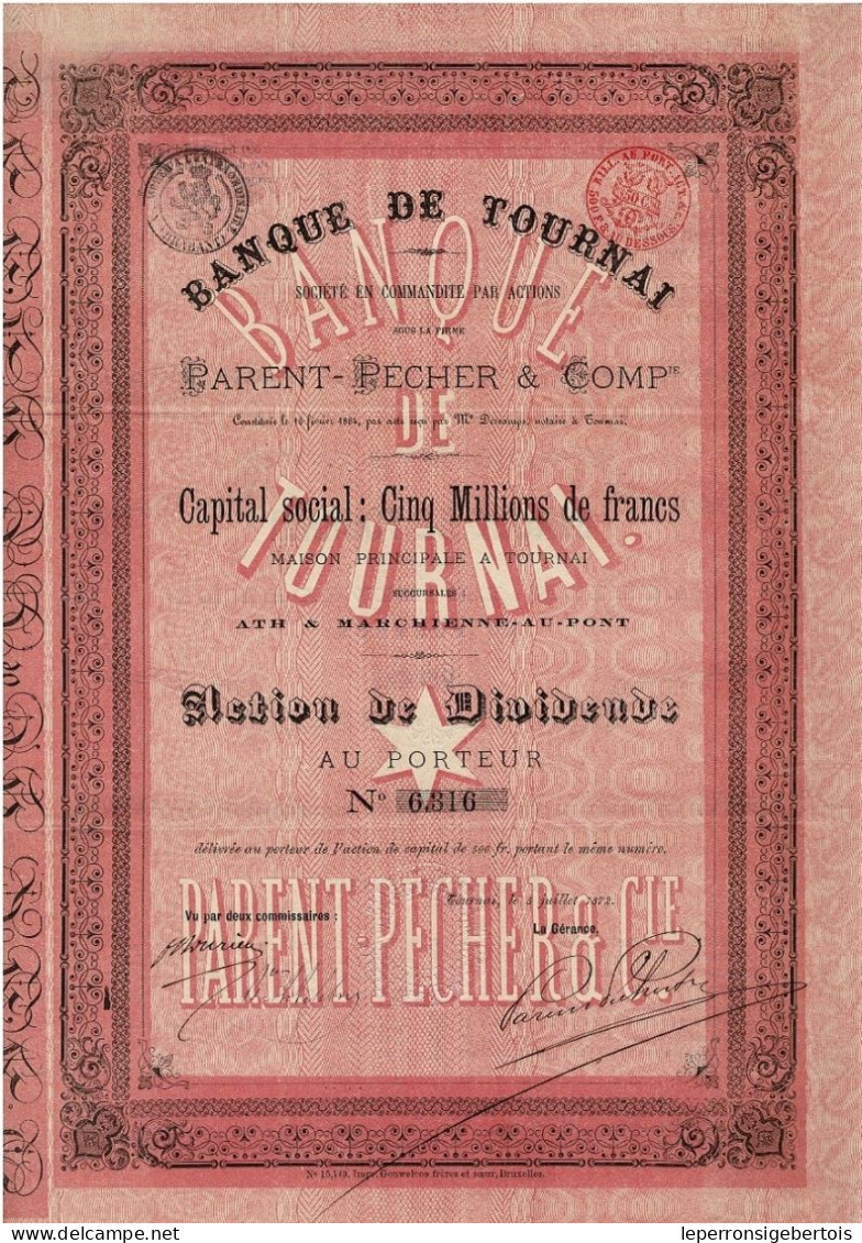 - Titre De 1872 - Banque De Tournai - Société En Commandite Par Actions Sous La Firme Parent-Pecher & Cie - EF - Bank En Verzekering