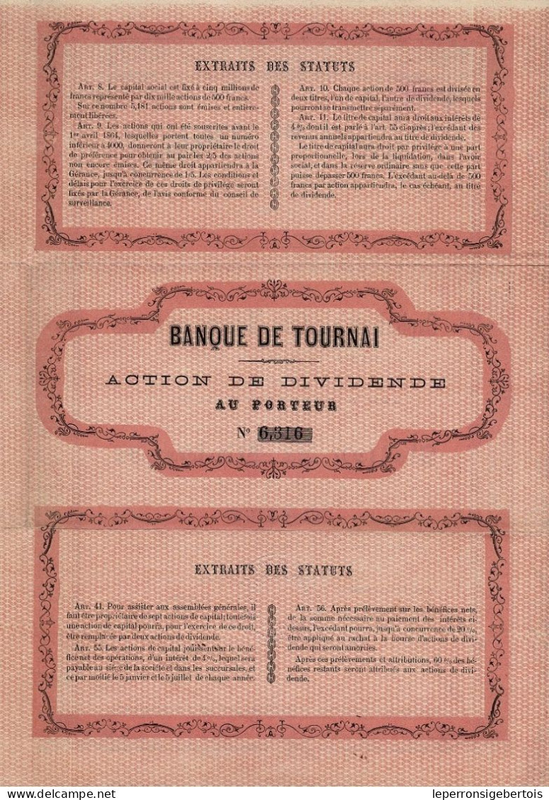 - Titre De 1872 - Banque De Tournai - Société En Commandite Par Actions Sous La Firme Parent-Pecher & Cie - EF - Bank & Versicherung