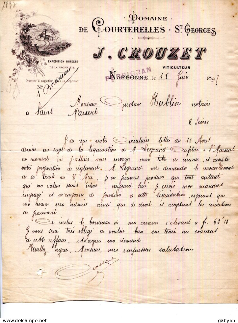 FACTURE.11.AUDE.NARBONNE.DOMAINE DE COURTERELLES SAINT GEORGES.J.CROUZET VITICULTEUR. - Lebensmittel