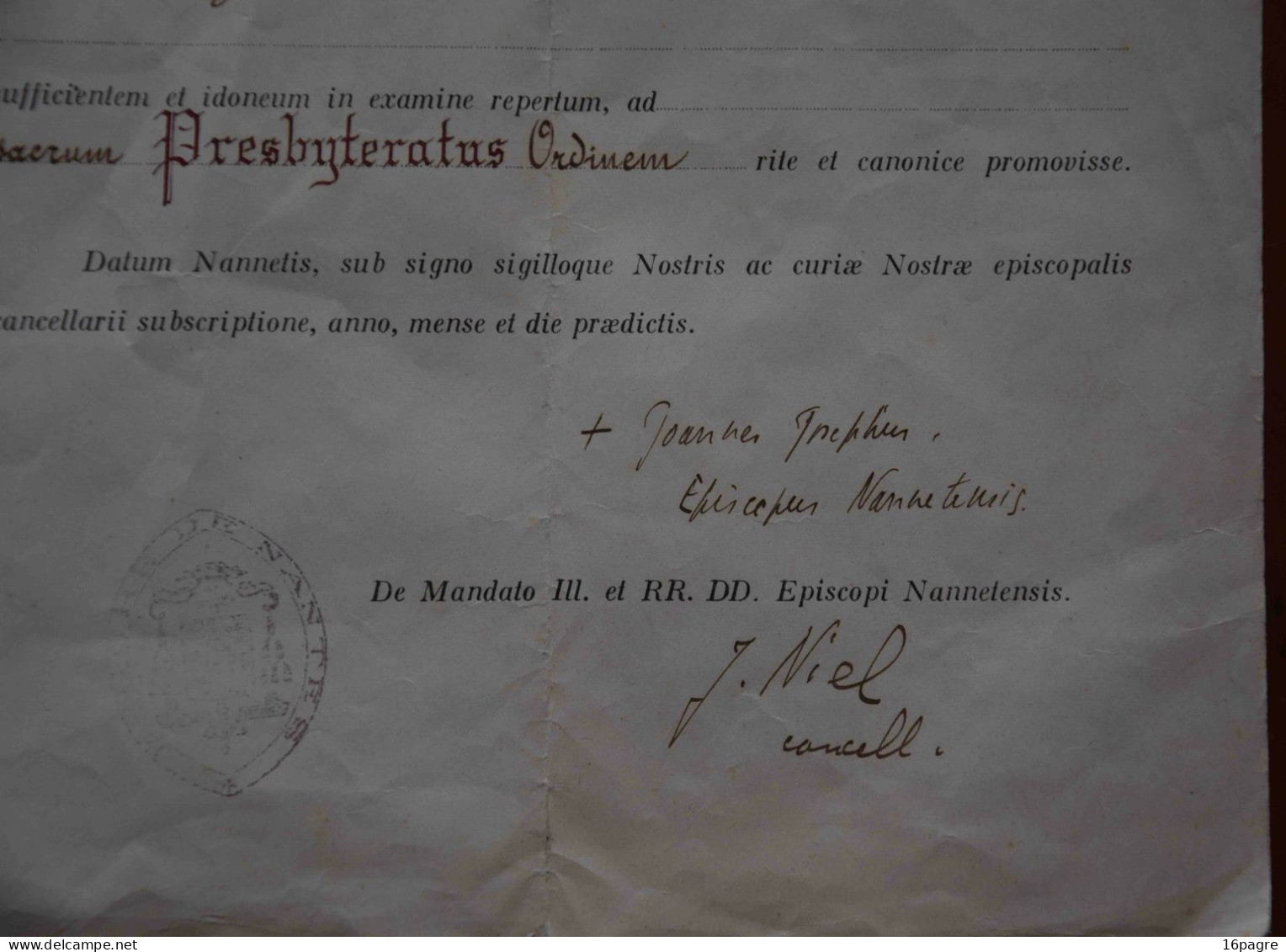 RARE CERTIFICAT ORIGINAL D’ORDINATION D’UN DIACRE. ÉVÈQUE DE NANTES, MGR. VILLEPELET. 1943. RELIGION - Historische Documenten