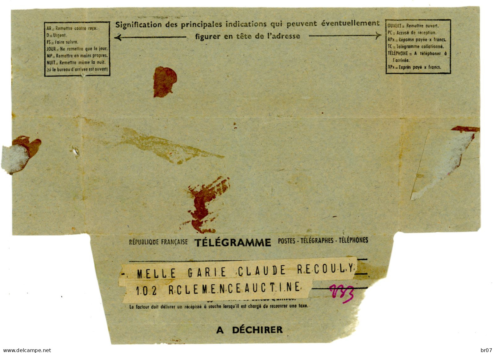 TELEGRAMME ORIGINE GUERRE INDOCHINE BPM 402 1951 POUR CONSTANTINE CACHET CONTANTINE CENTRAL VOIR LES SCANS - Brieven En Documenten