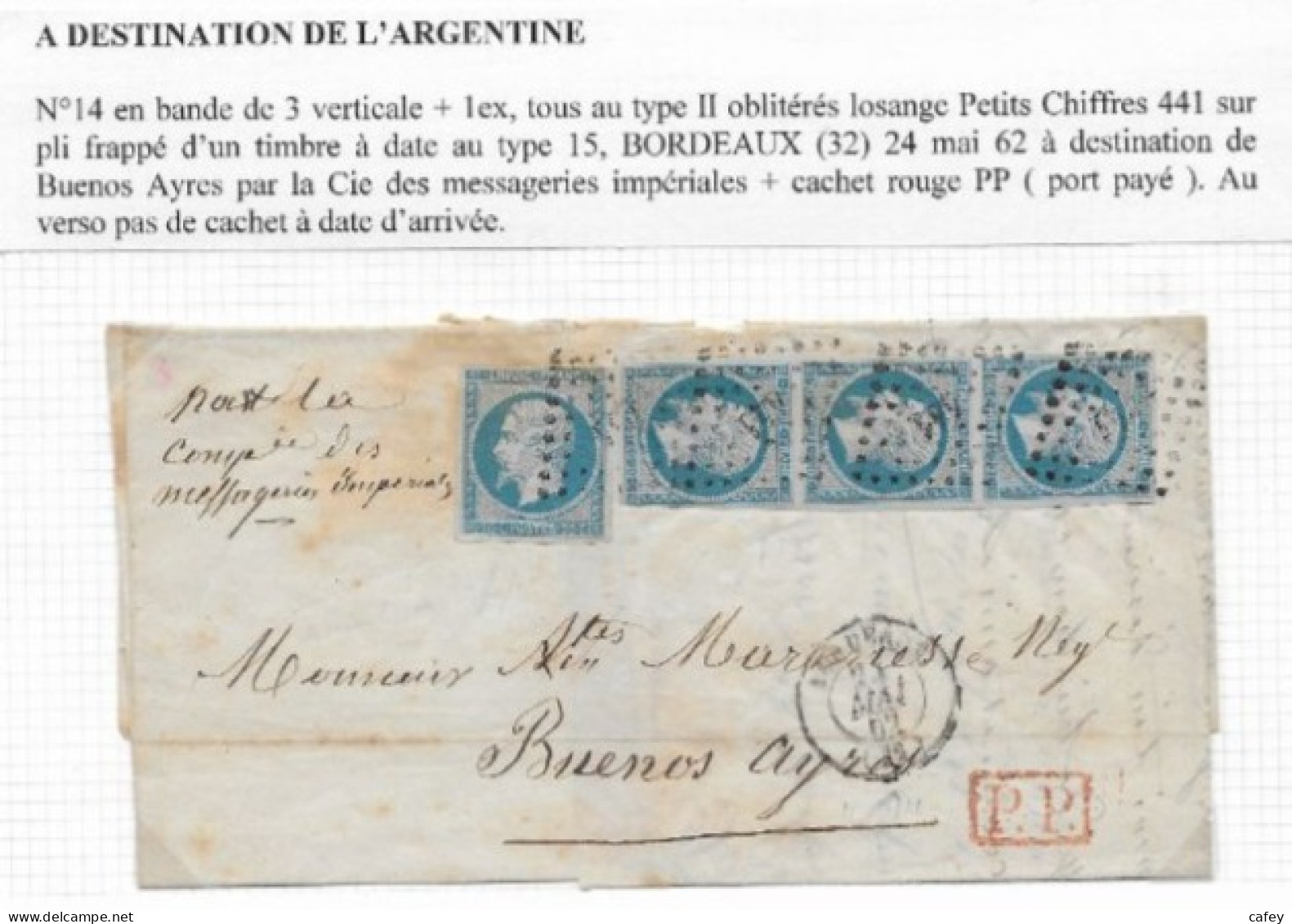 Destination ARGENTINE Lettre De BORDEAUX 1862 Timbre Empire N° 14x4 P / BUENOS AYRES " Par Les Messageries Impériales" - 1853-1860 Napoléon III
