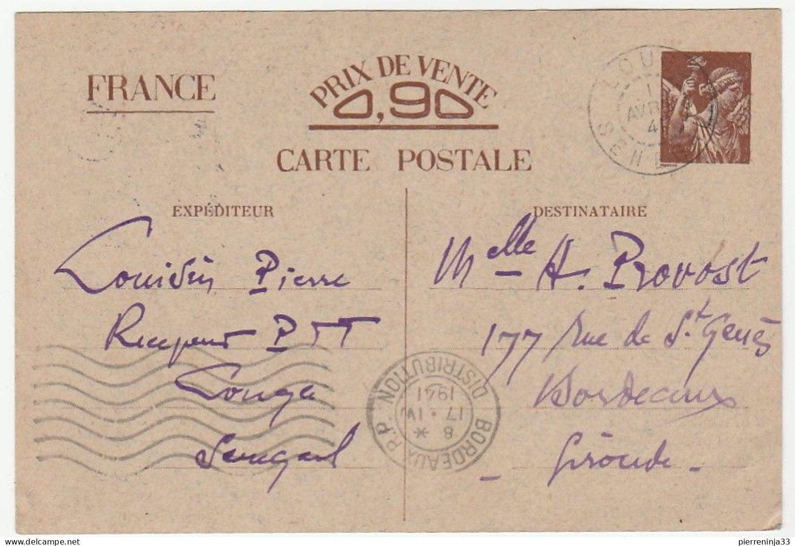 Carte Entier Postal Type Iris De Louga / Sénégal Pour Bordeaux, 1941 - Cartes Postales Types Et TSC (avant 1995)