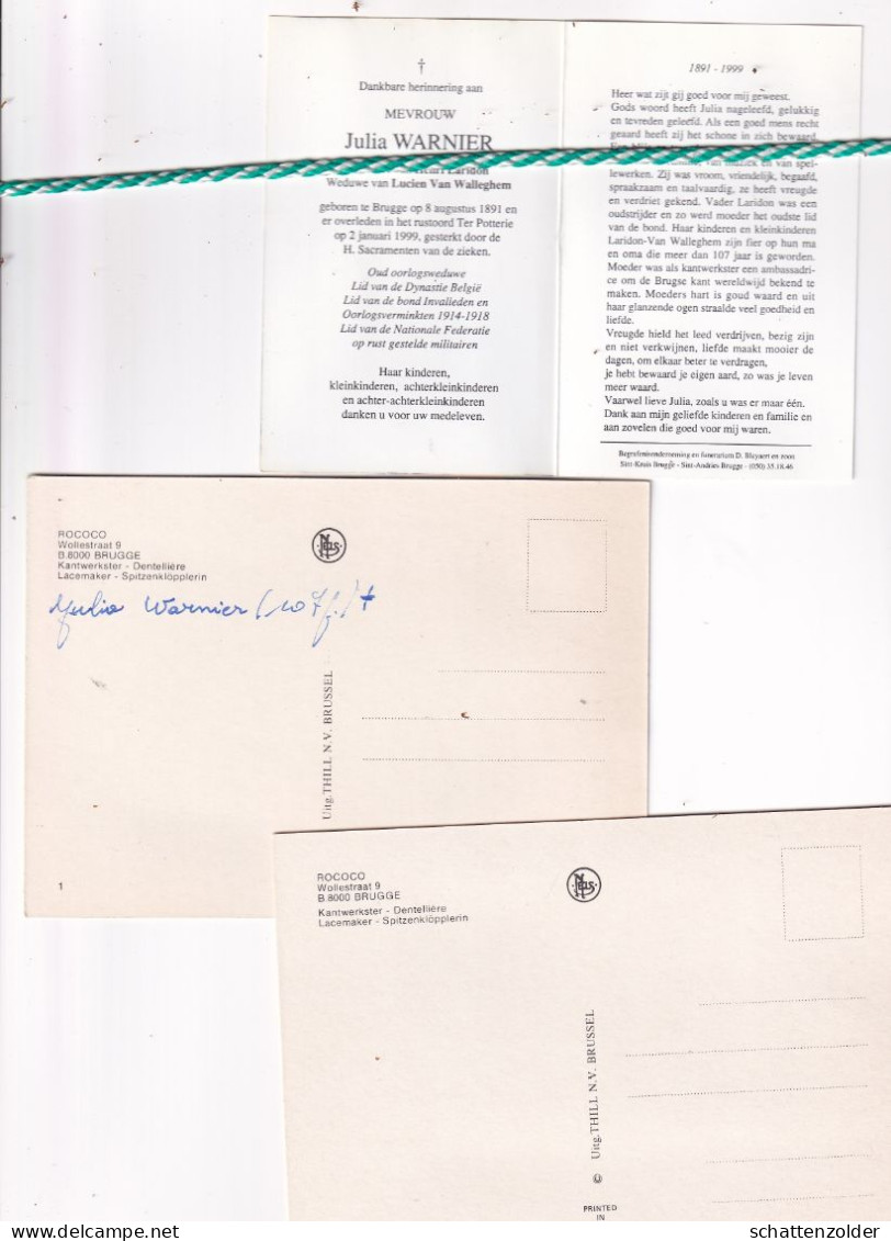 Julia Warnier-Laridon-Van Walleghem, Brugge 1891, 1999. Honderdjarige (plus Twee Postkaarten) - Todesanzeige
