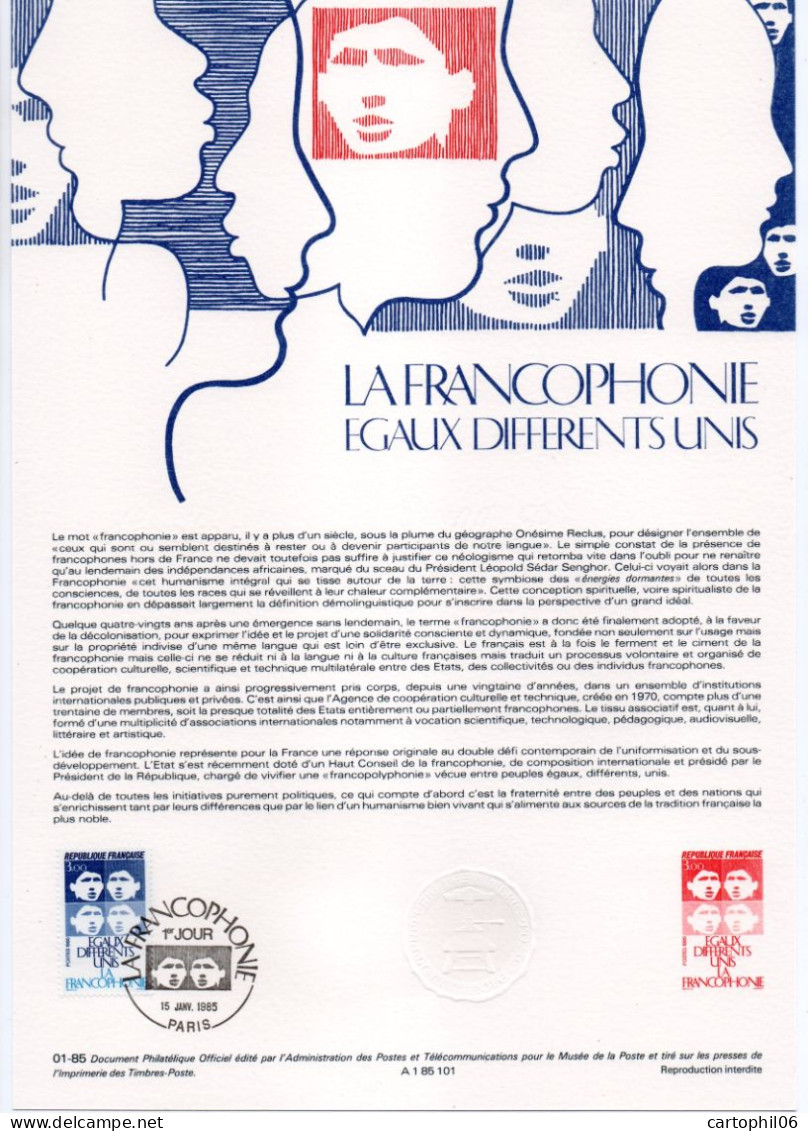 - Document Premier Jour LA FRANCOPHONIE - PARIS 15.1.1985 - - Documents De La Poste