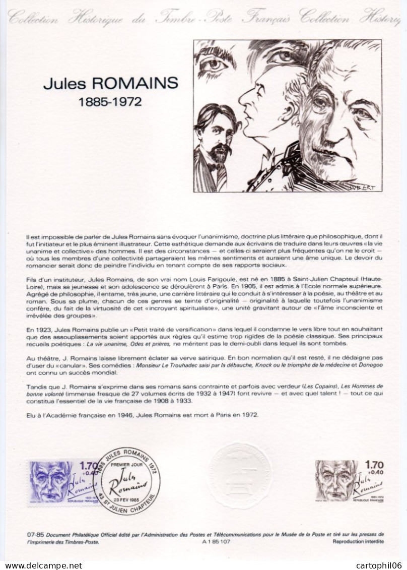 - Document Premier Jour Jules ROMAINS (1885-1972) - ST JULIEN CHAPTEUIL 23.2.1985 - - Schriftsteller