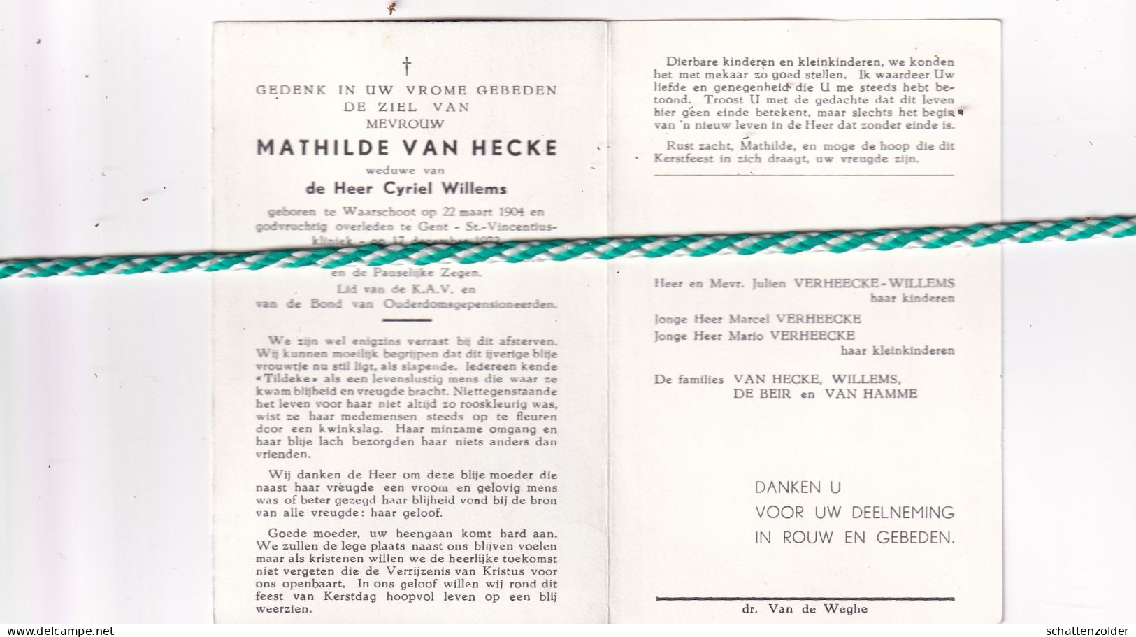Mathilde Van Hecke-Willems, Waarschoot 1904, Gent 1972 - Décès