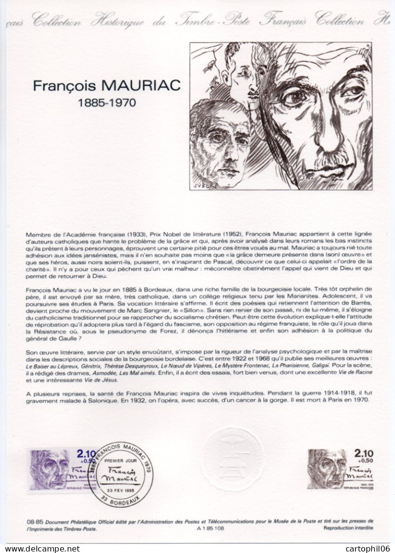 - Document Premier Jour François MAURIAC (1885-1970) - BORDEAUX 23.2.1985 - - Ecrivains