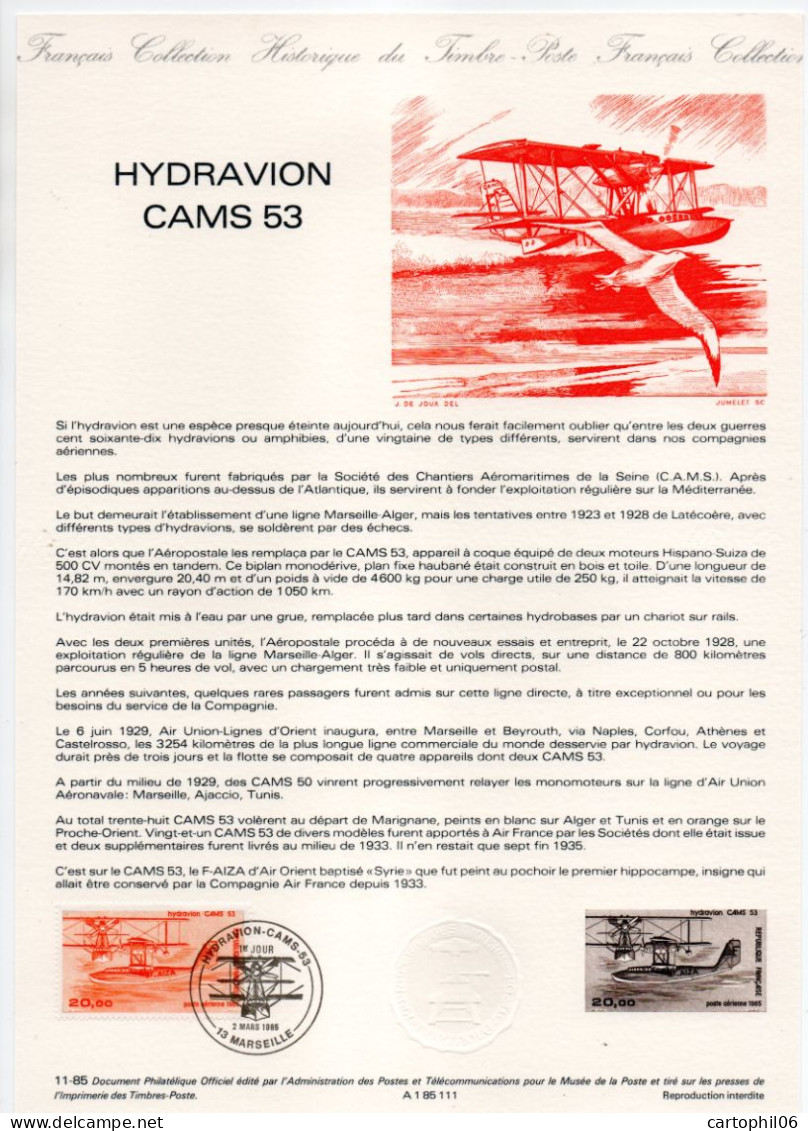 - Document Premier Jour L'HYDRAVION CAMS 53 - MARSEILLE 2.3.1985 - - Flugzeuge