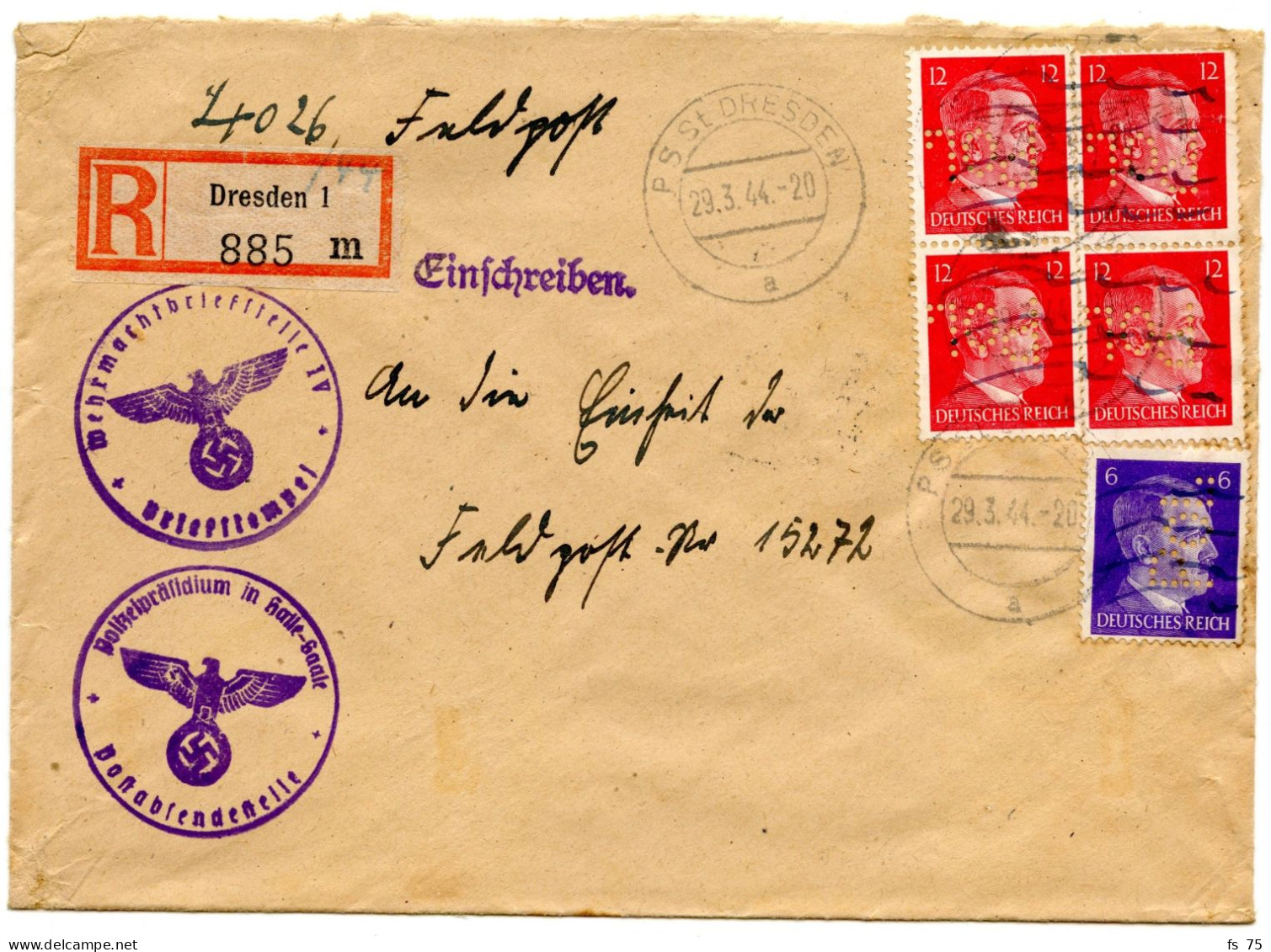 ALLEMAGNE - REICH 6 + 12 PFG X 4  PERFORES P O L  SUR LETTRE RECOMMANDEE DE DRESDE, 1944 - Brieven En Documenten