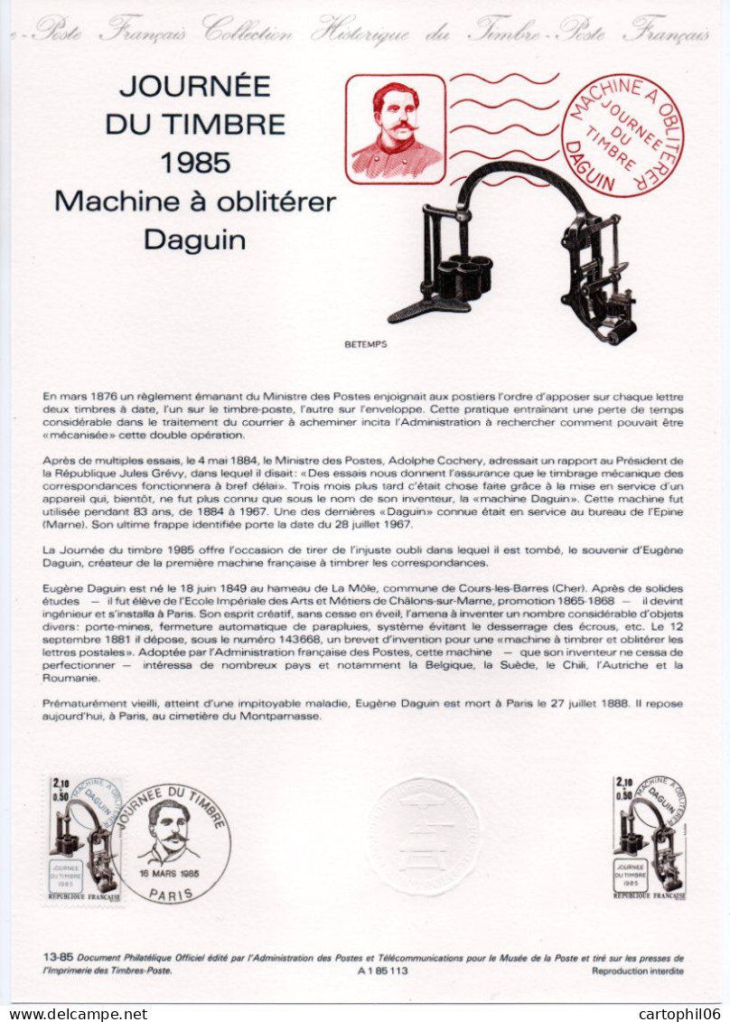 - Document Premier Jour JOURNÉE DU TIMBRE - Machine à Oblitérer DAGUIN - PARIS 16.3.1985 - - Journée Du Timbre