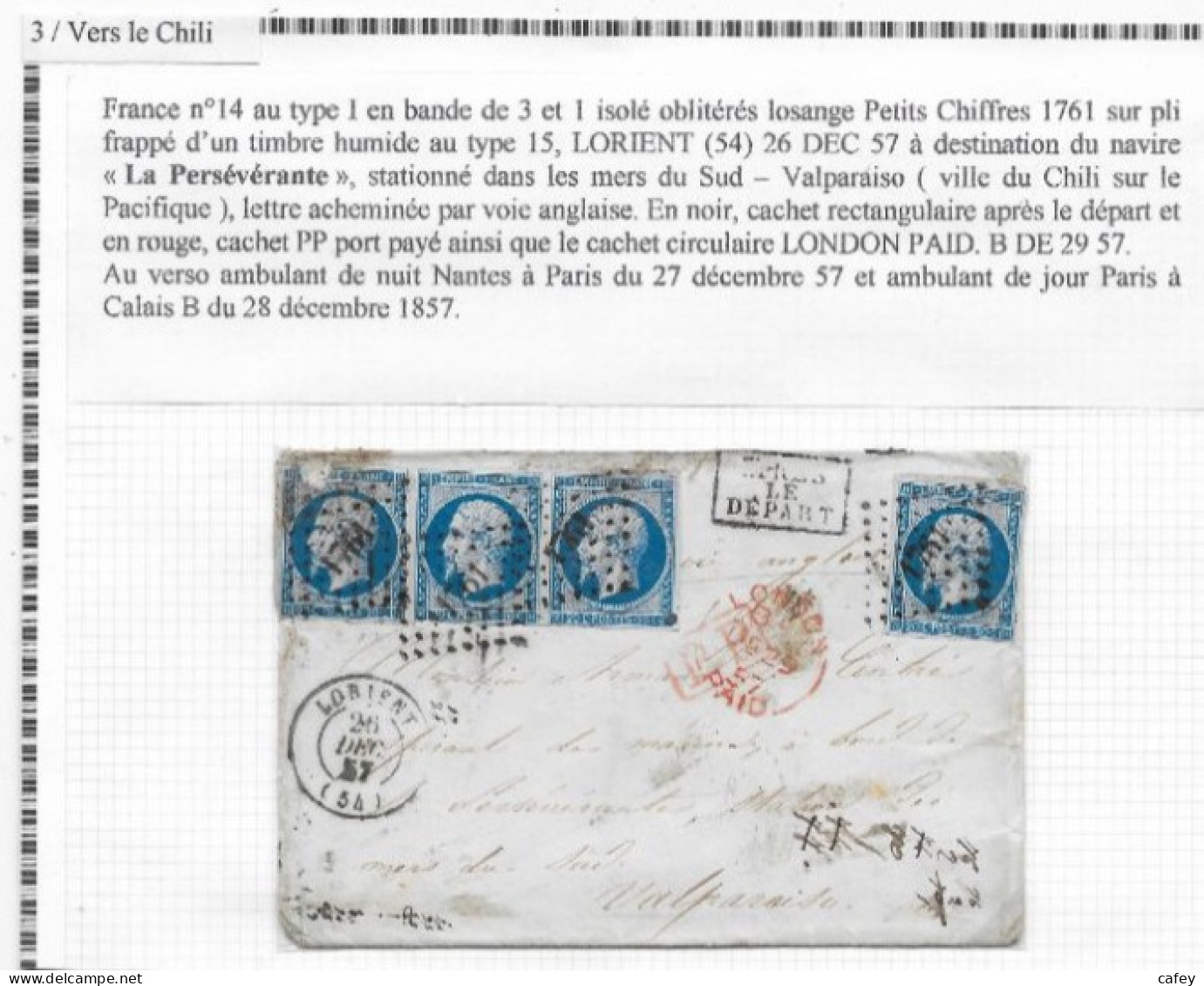 Destination CHILI Lettre De LORIENT 1857 Timbre Empire N° 14x4 P / VALPARAISO Voie Anglaise P/ Marin De La PERSEVERANTE - 1853-1860 Napoléon III