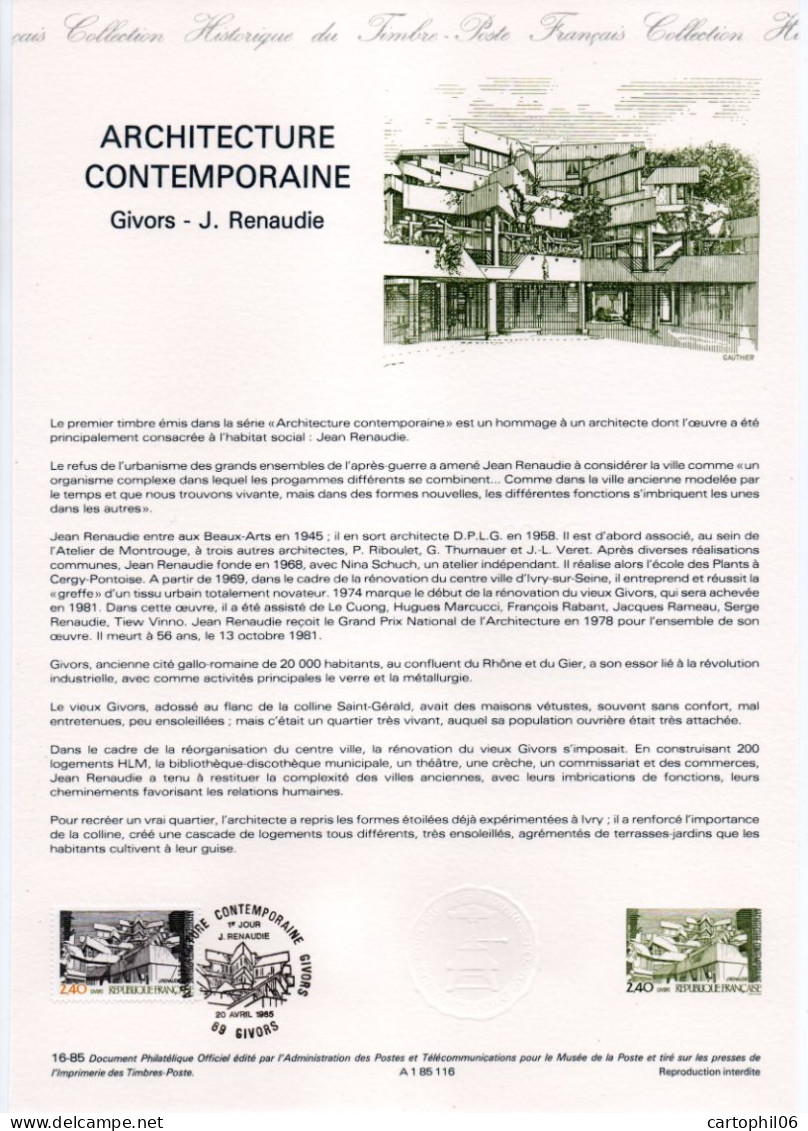 - Document Premier Jour L'ARCHITECTURE CONTEMPORAINE - Jean RENAUDIE - GIVORS 20.4.1985 - - Autres & Non Classés