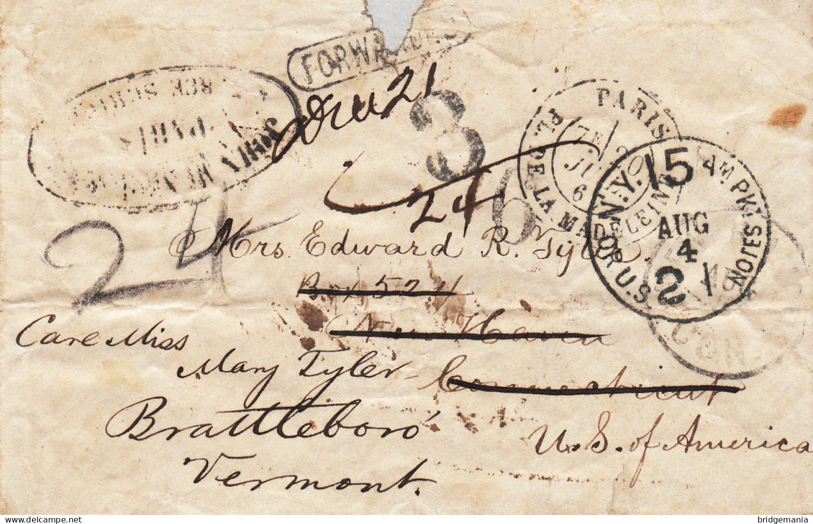 MTM151 - 1866 TRANSATLANTIC LETTER FRANCE TO USA Steamer HOLSATIA HAPAG - UNPAID - DEPRECIATED CURRENCY RESENT - Marcofilie