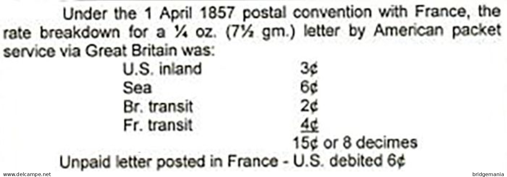 MTM151 - 1866 TRANSATLANTIC LETTER FRANCE TO USA Steamer HOLSATIA HAPAG - UNPAID - DEPRECIATED CURRENCY RESENT - Marcofilie
