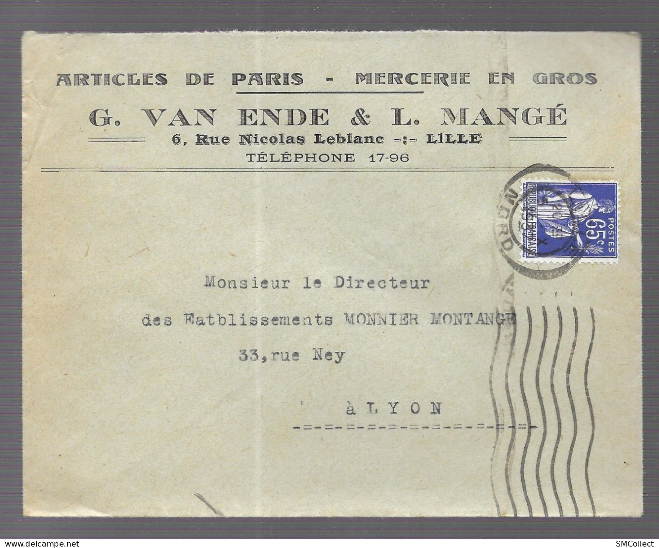 Lille 1937. Enveloppe à En-tête G. Van Ende & L. Mangé, Mercerie, Voyagée Vers Lyon - 1921-1960: Modern Period
