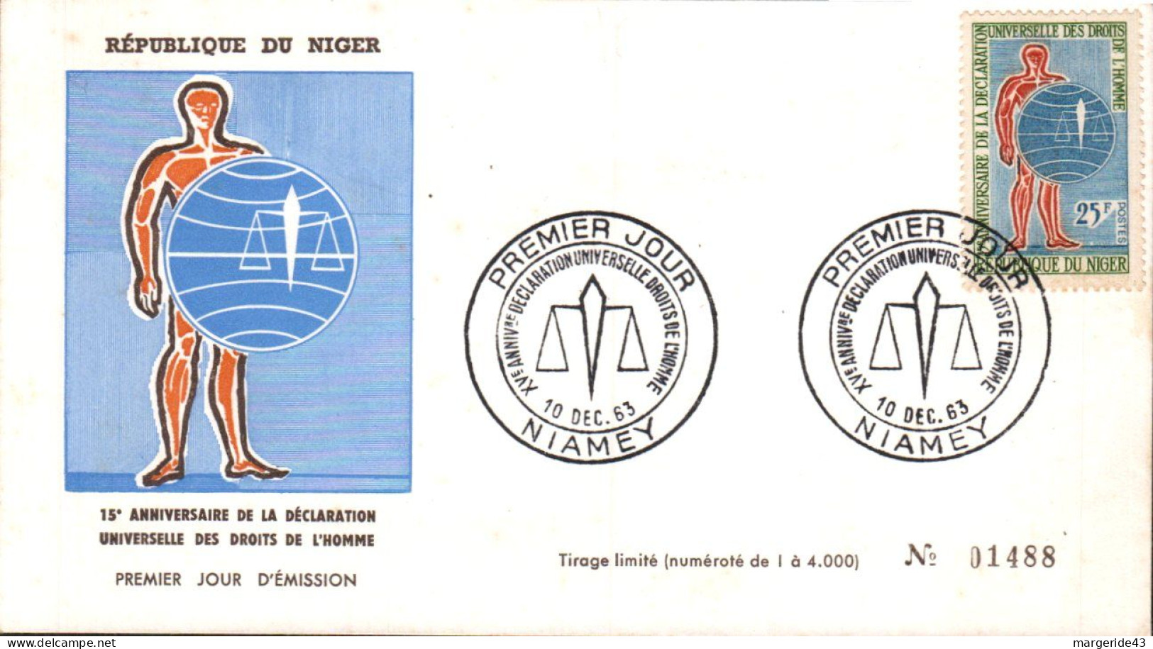 NIGER FDC 1963 15 ANS DROITS DE L'HOMME - Niger (1960-...)