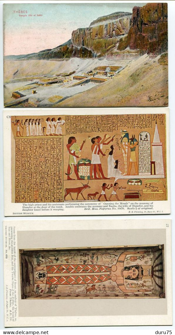 EGYPTE * LOT 3 CPA * THEBES (Louxor Ouaset) Temple Dêr El Bahri / British Muséum Papyrus & From Thèbes Sarcophagus Soter - Luxor