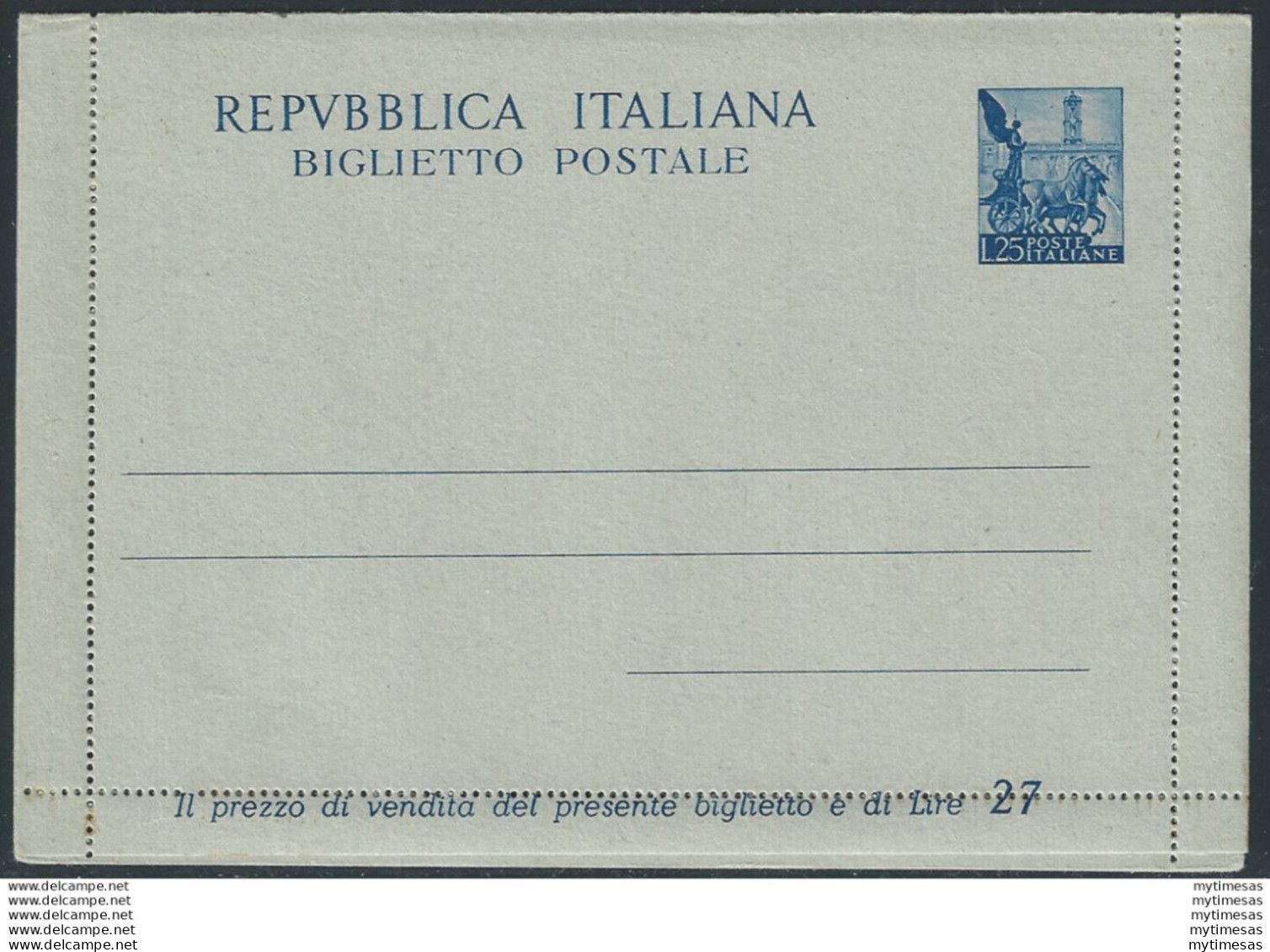 1951 Italia Lire 25 Quadriga Biglietto Postale Fil. N. B44 - 1946-60: Nieuw/plakker