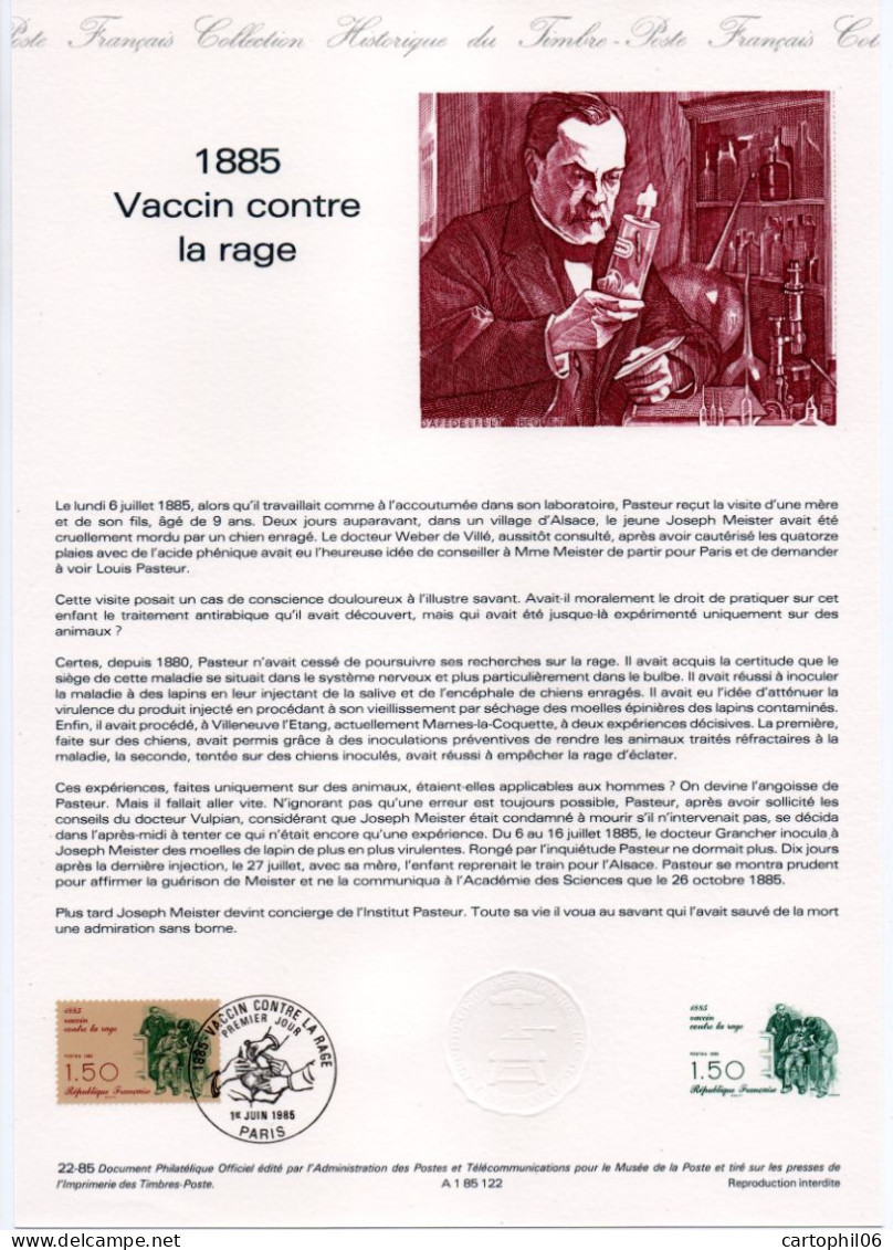 - Document Premier Jour 1885 LE VACCIN CONTRE LA RAGE - PASTEUR - PARIS 1.6.1985 - - Louis Pasteur