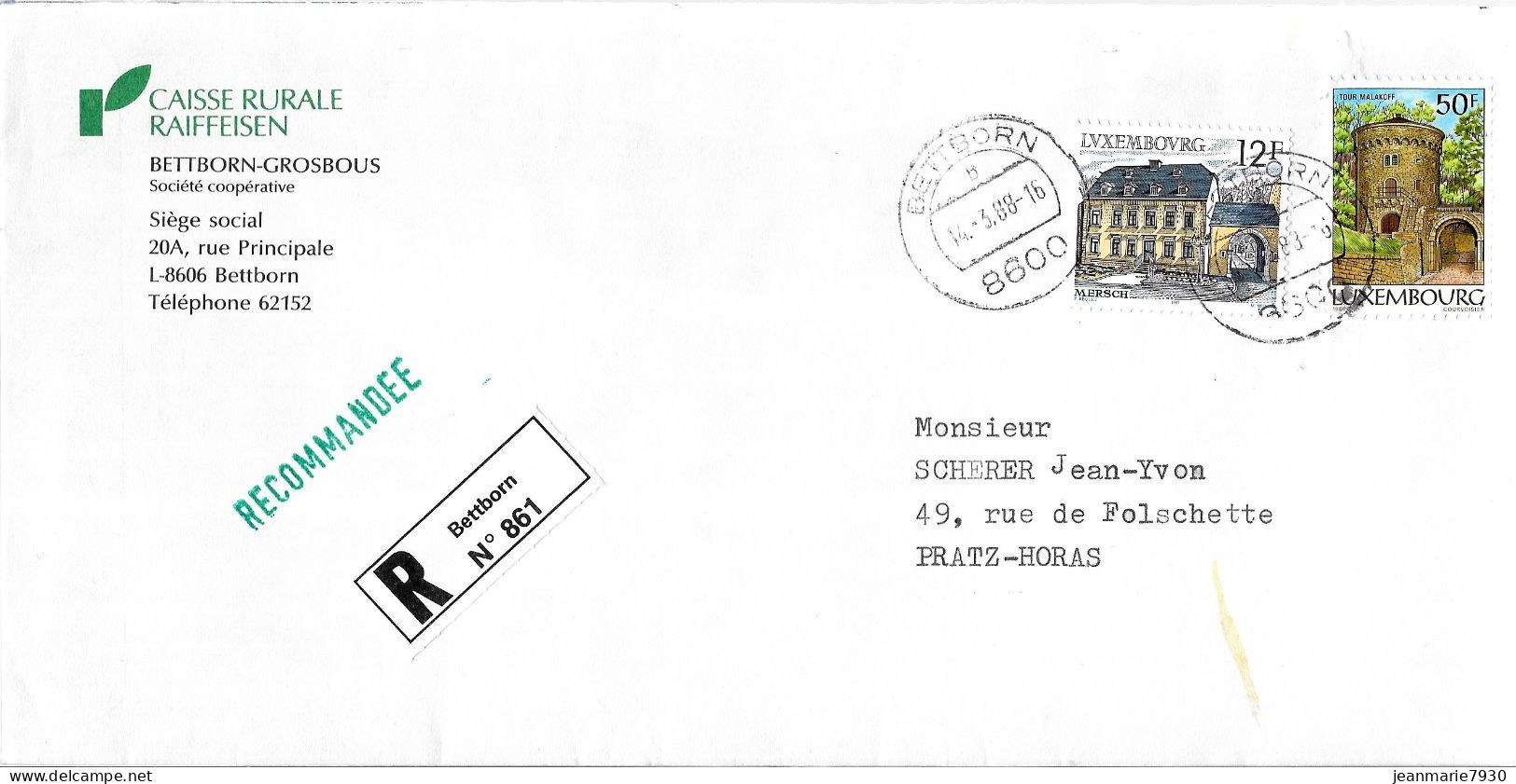 H388 - LETTRE RECOMMANDEE DE BETTBORN DU 14/03/88 - Briefe U. Dokumente
