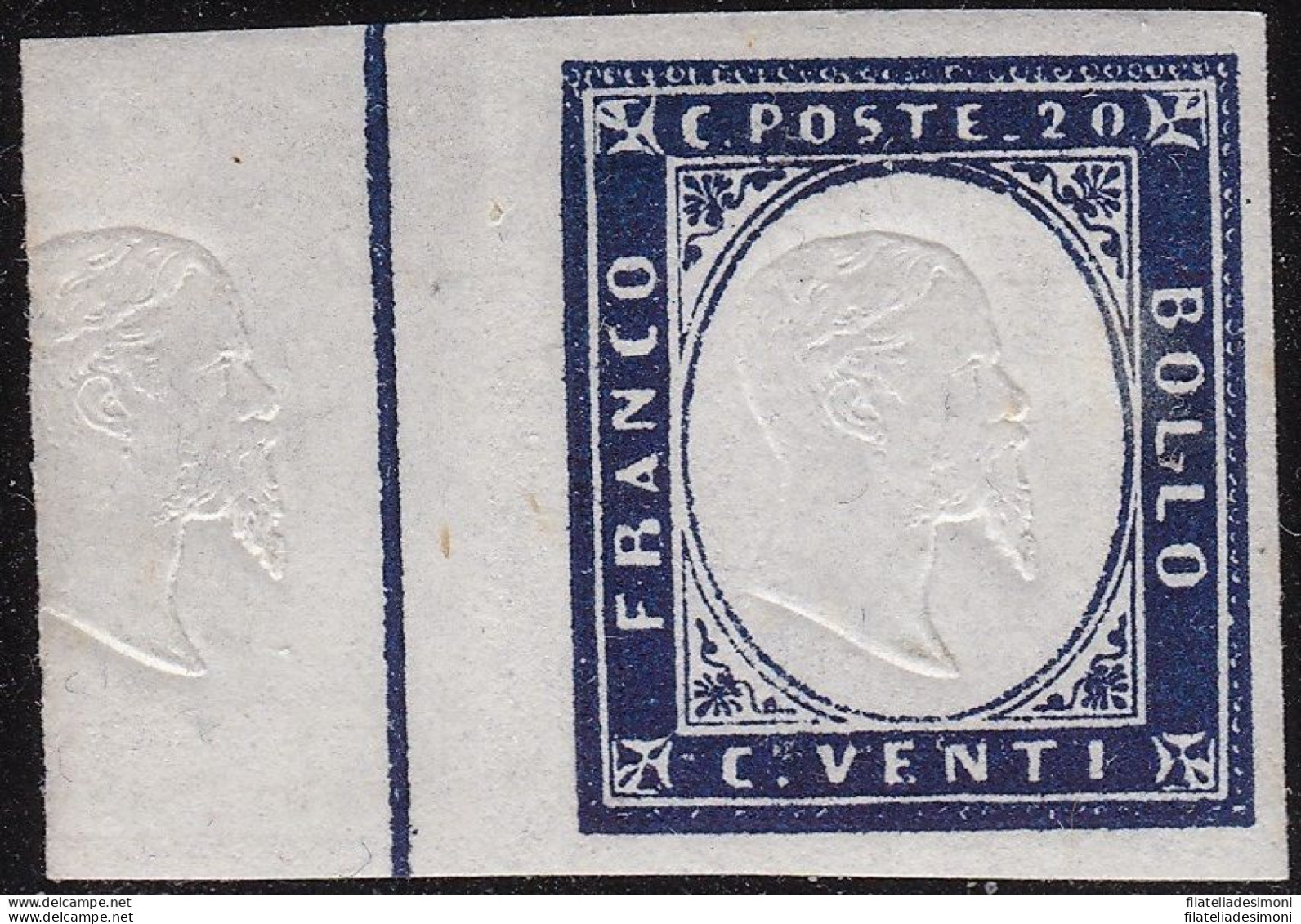 1862 SARDEGNA, N° 15E 20 Cent. Indaco MNH/** EFFIGIE SUL BORDO DI FOGLIO - Sardaigne