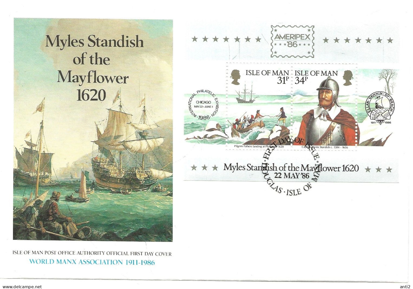 Isle Of Man 1986 Historical Links With America: Myles Standis, Mayflower., Mi  Bloc 8 FDC - Man (Insel)