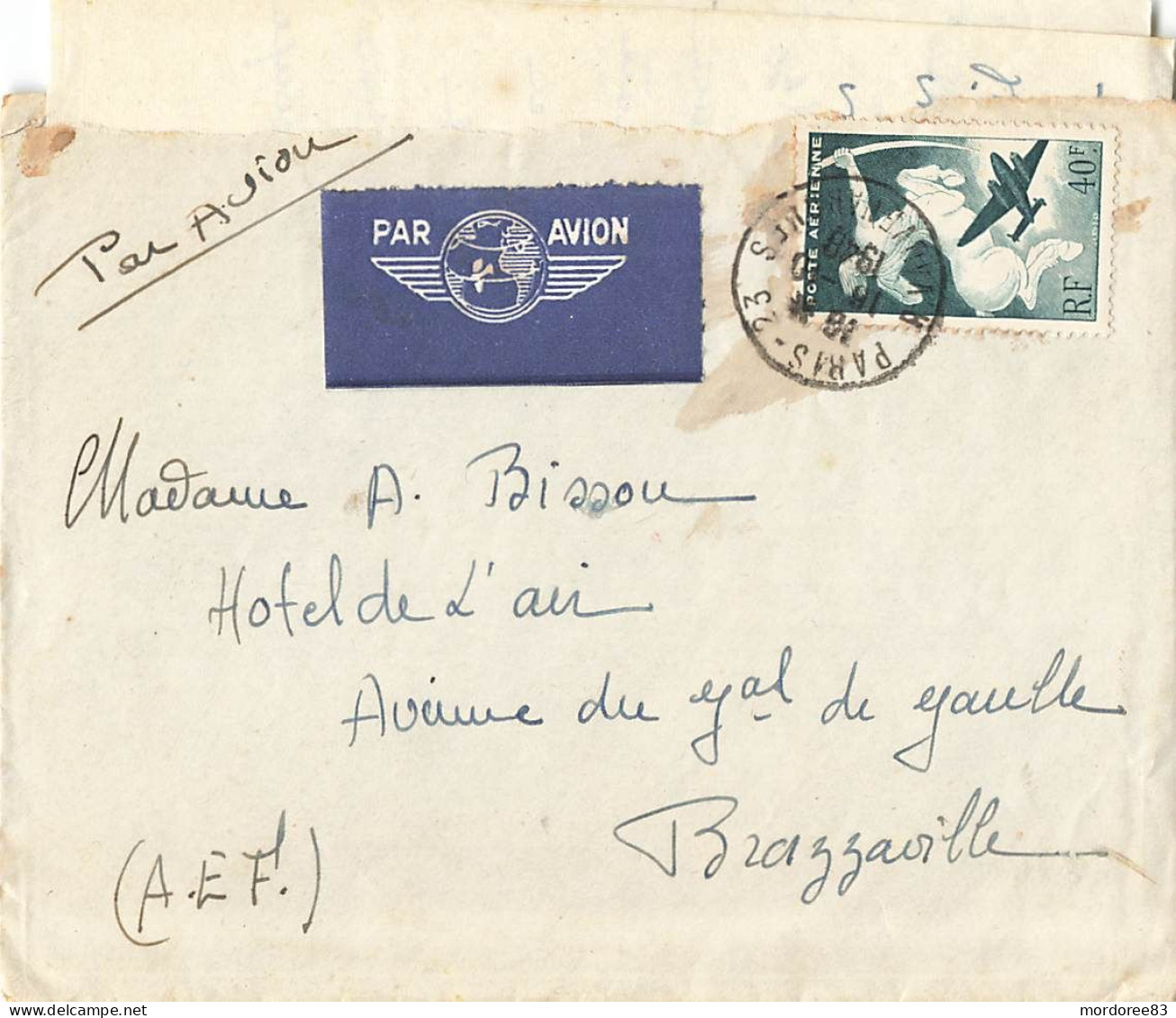 CENTAURE 40F YT PA 16 SUR LAC AVION PARIS 16/10/1948 POUR AEF BRAZZAVILLE - Cartas & Documentos