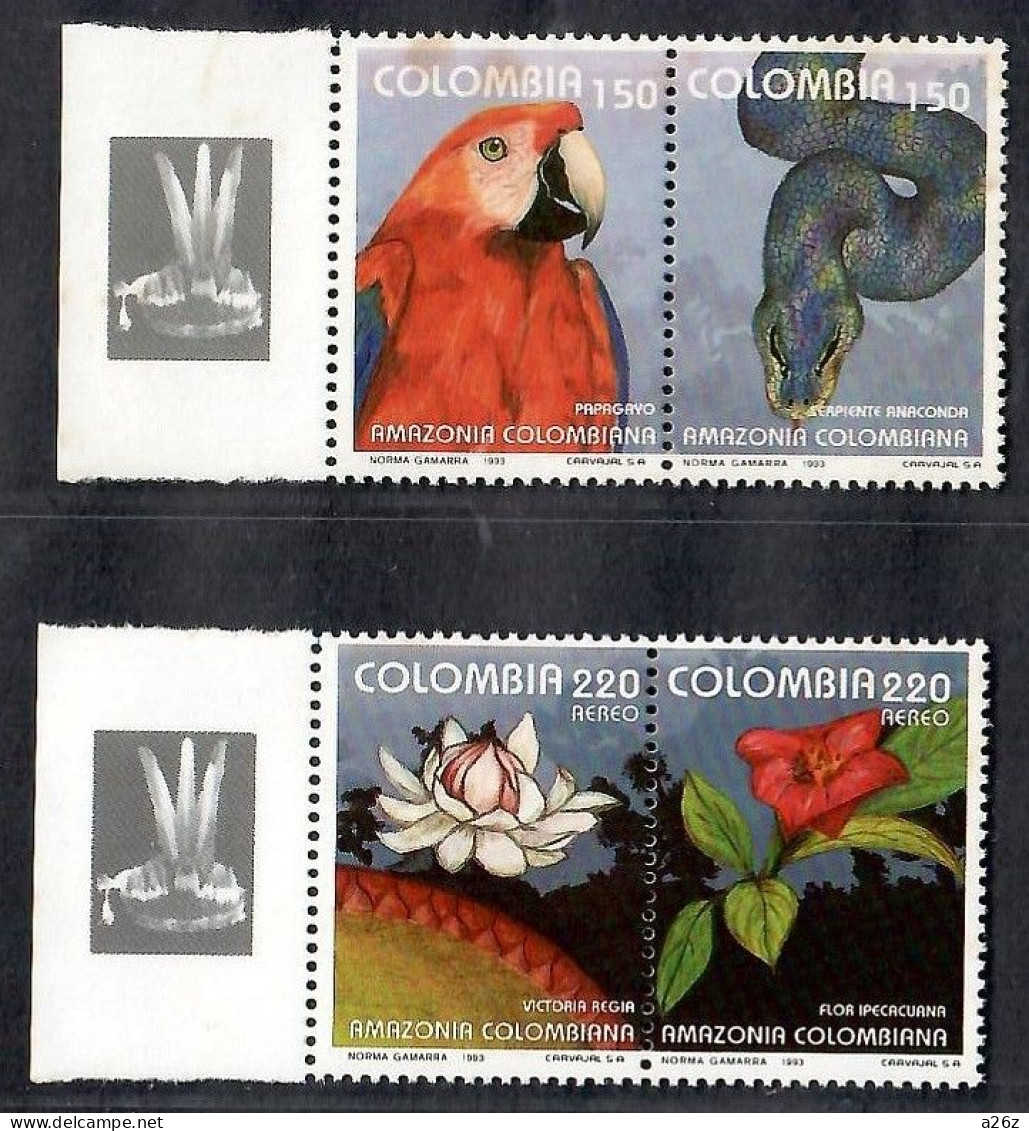 Colombia 1993  Amazon Region Of Colombia & Flowers 2  Pairs MNH (Fair Condition) - Colombie