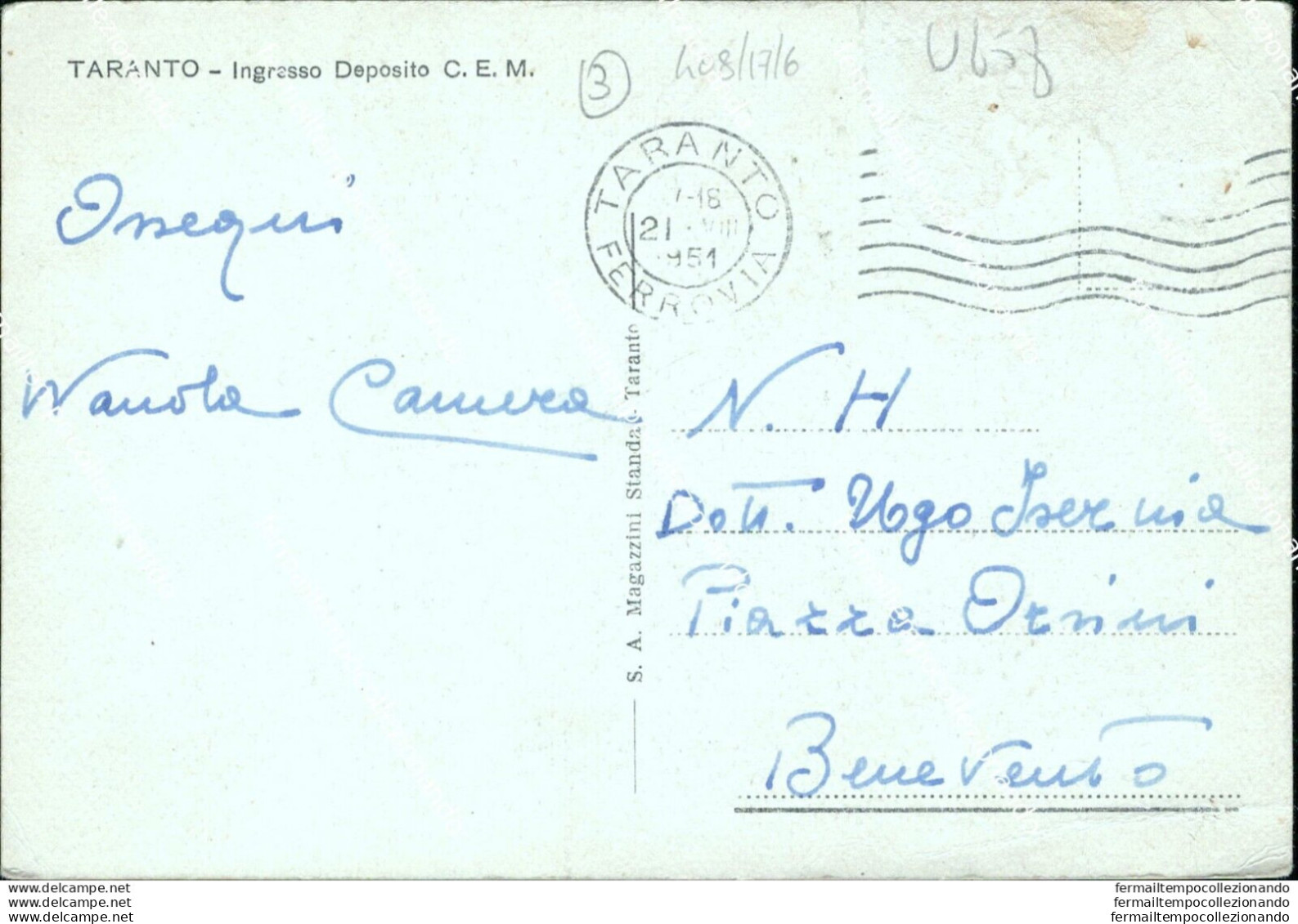 U658 Cartolina Taranto Citta' Ingresso Deposito C.e.m. - Taranto