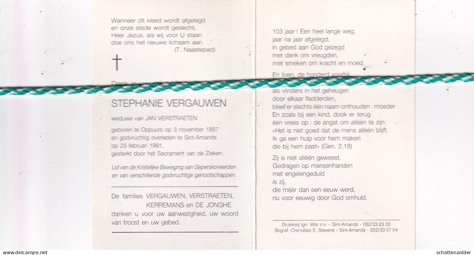 Stephanie Vergauwen-Verstraeten, Oppuurs 1887, Sint-Amands 1991. Honderdjarige. - Esquela
