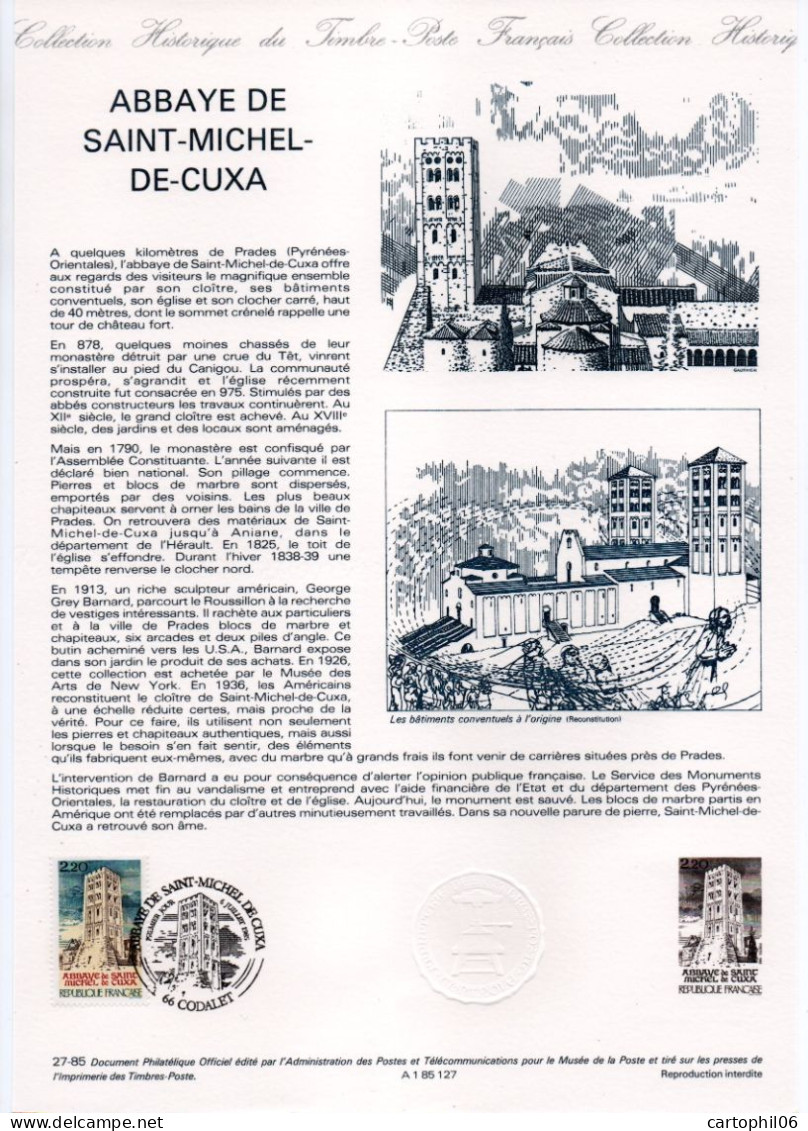 - Document Premier Jour L'ABBAYE DE SAINT-MICHEL-DE-CUXA (Pyrénées-Orientales) - CODALET 6.7.1985 - - Abbayes & Monastères