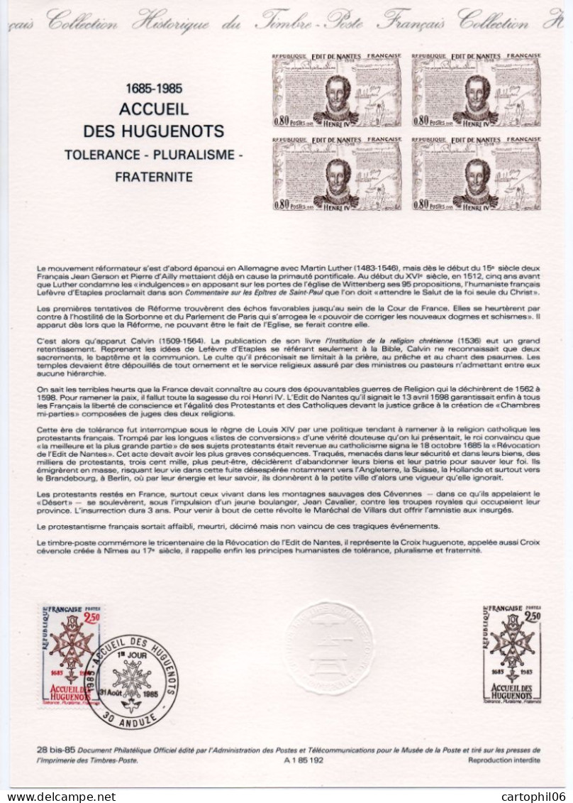 - Document Premier Jour L'ACCUEIL DES HUGUENOTS (1685-1985) - ANDUZE - - Documents Of Postal Services