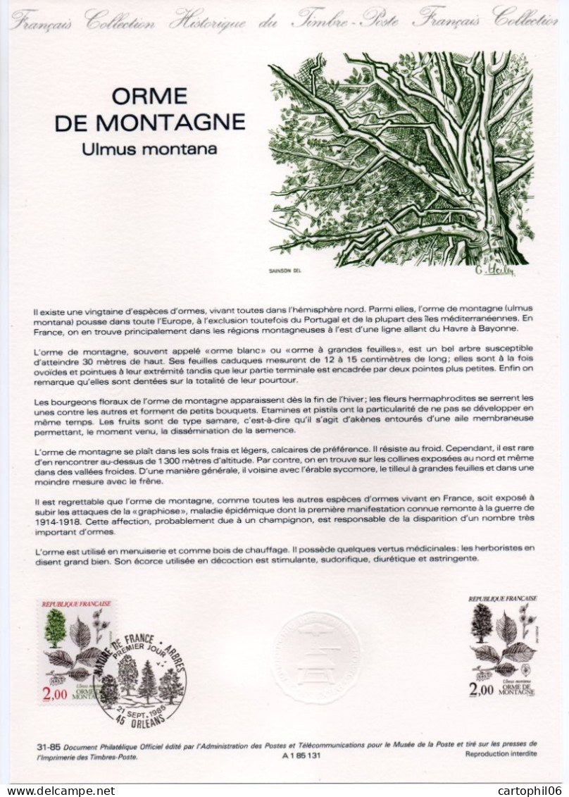 - Document Premier Jour L'ORME DE MONTAGNE (Ulmus Montana) - ORLEANS 21.9.1985 - - Arbres